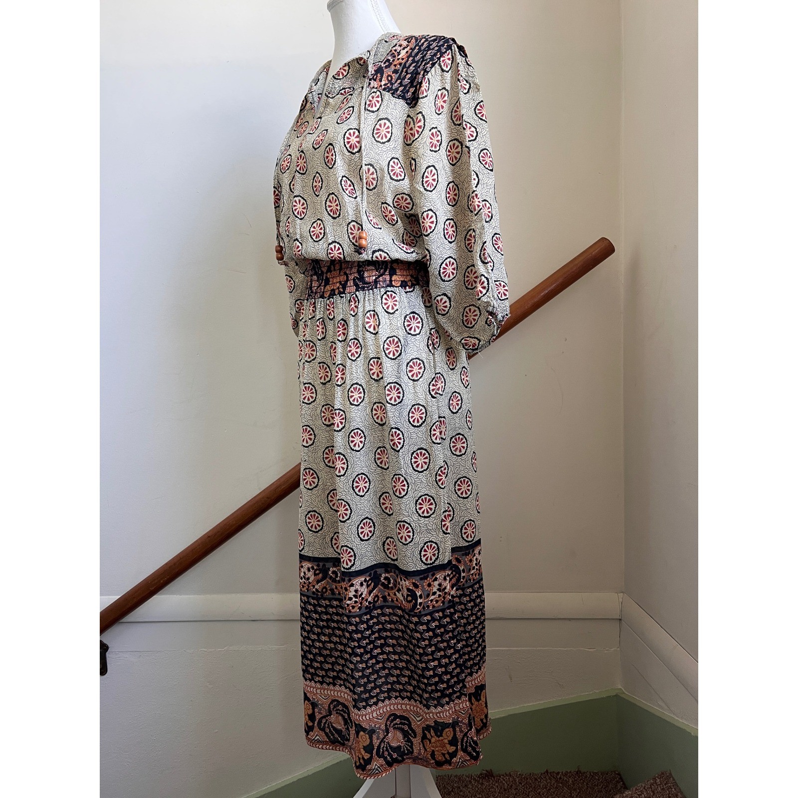 Vintage 70s Midi Dress Boho Smocked Waist Semi Sheer Peasant Batik Block Print