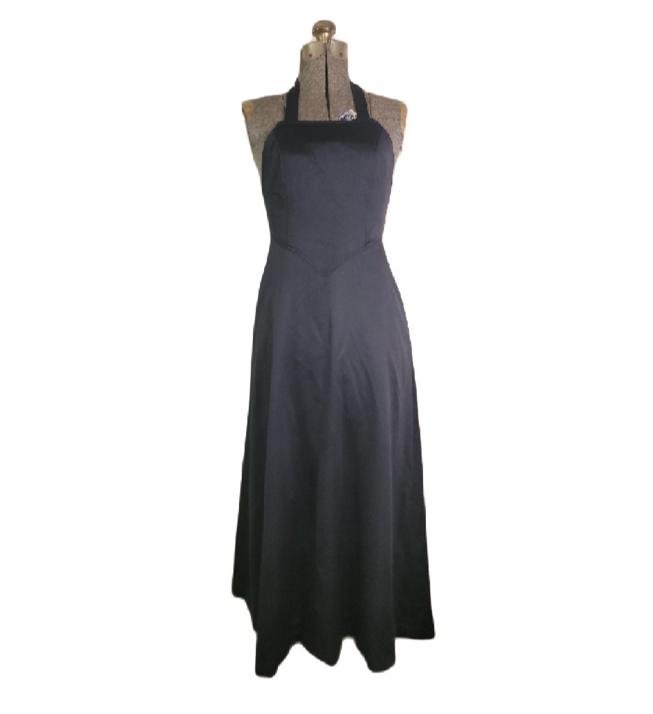 Vintage 60s 70s Black Halter Neck Maxi Dress Square Neck Basque Waist Small