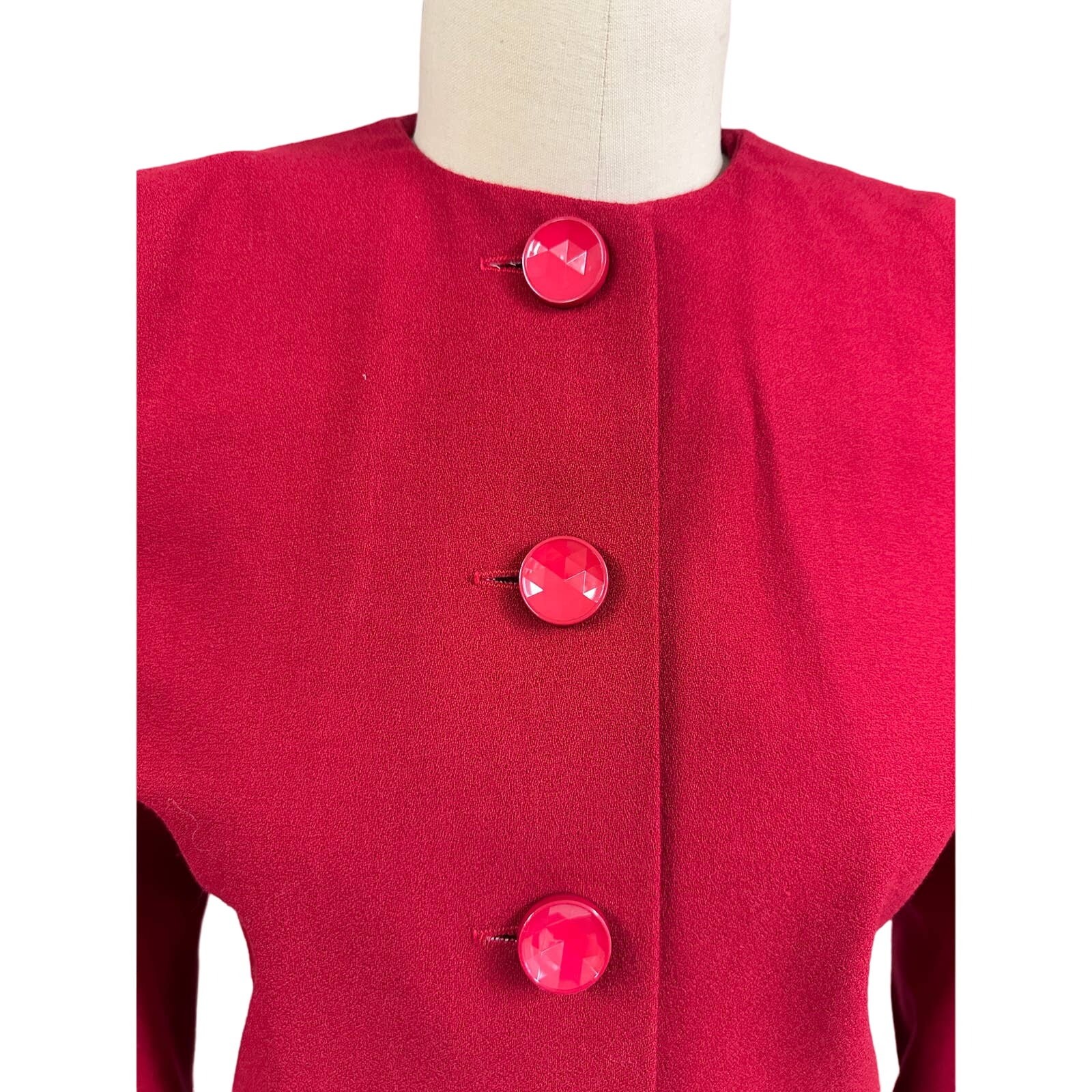 VTG 80s Red Wool Power Suit Black Bow Bustle Pencil Skirt Femme Fatale 4