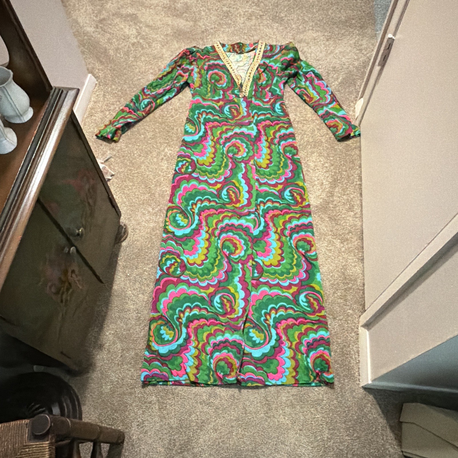 Vtg 60s 70s Psychedelic Hostess Maxi Dress Lined Front Slit Handmade Vogue 8154