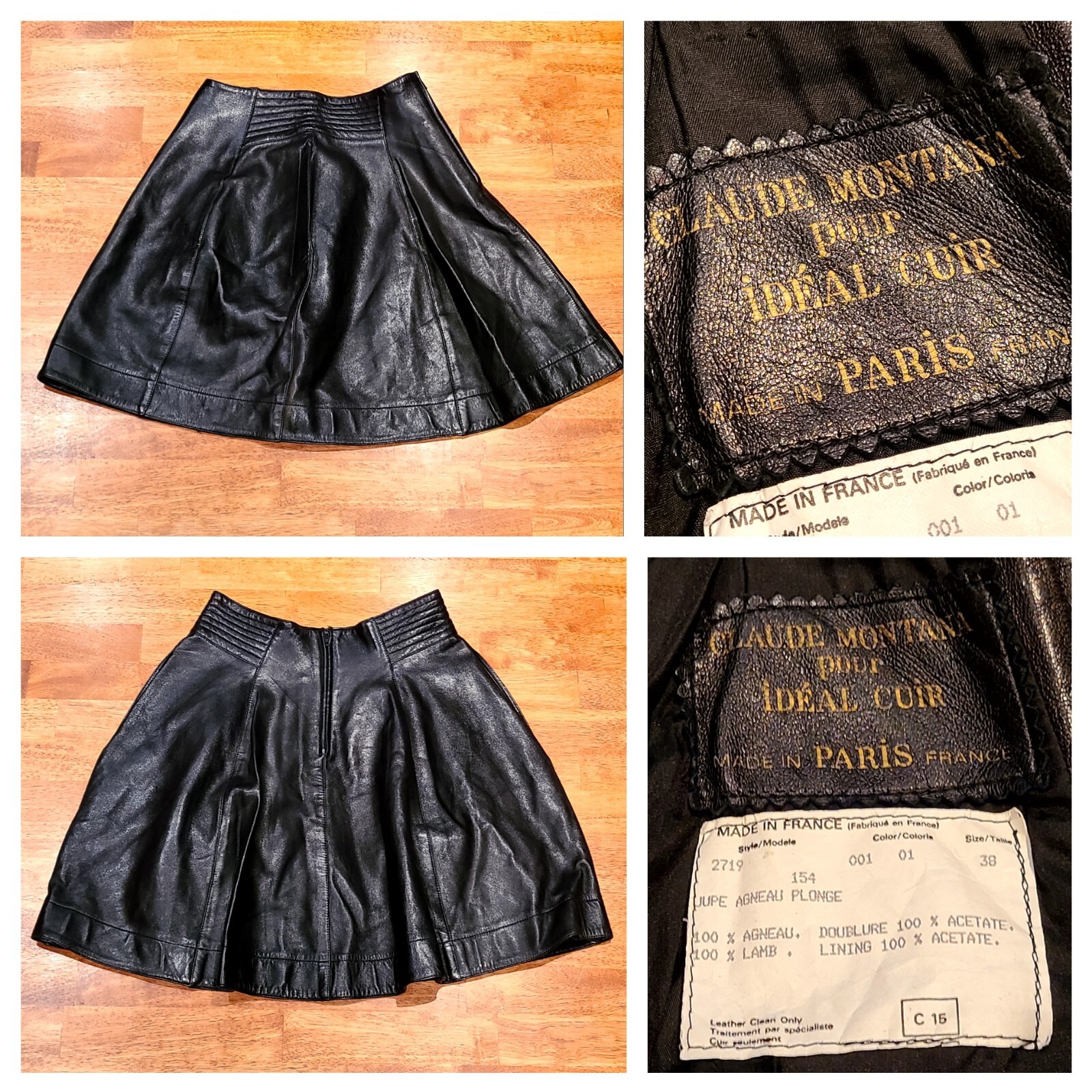 Vintage Claude Montana Lamb Leather Skirt Made In France Size FR 38 Black
