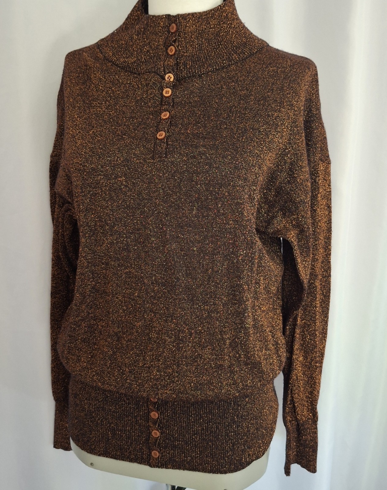 Vtg 70s Copper Metallic dressy top by Joyce Long Sleeve mock turtleneck L