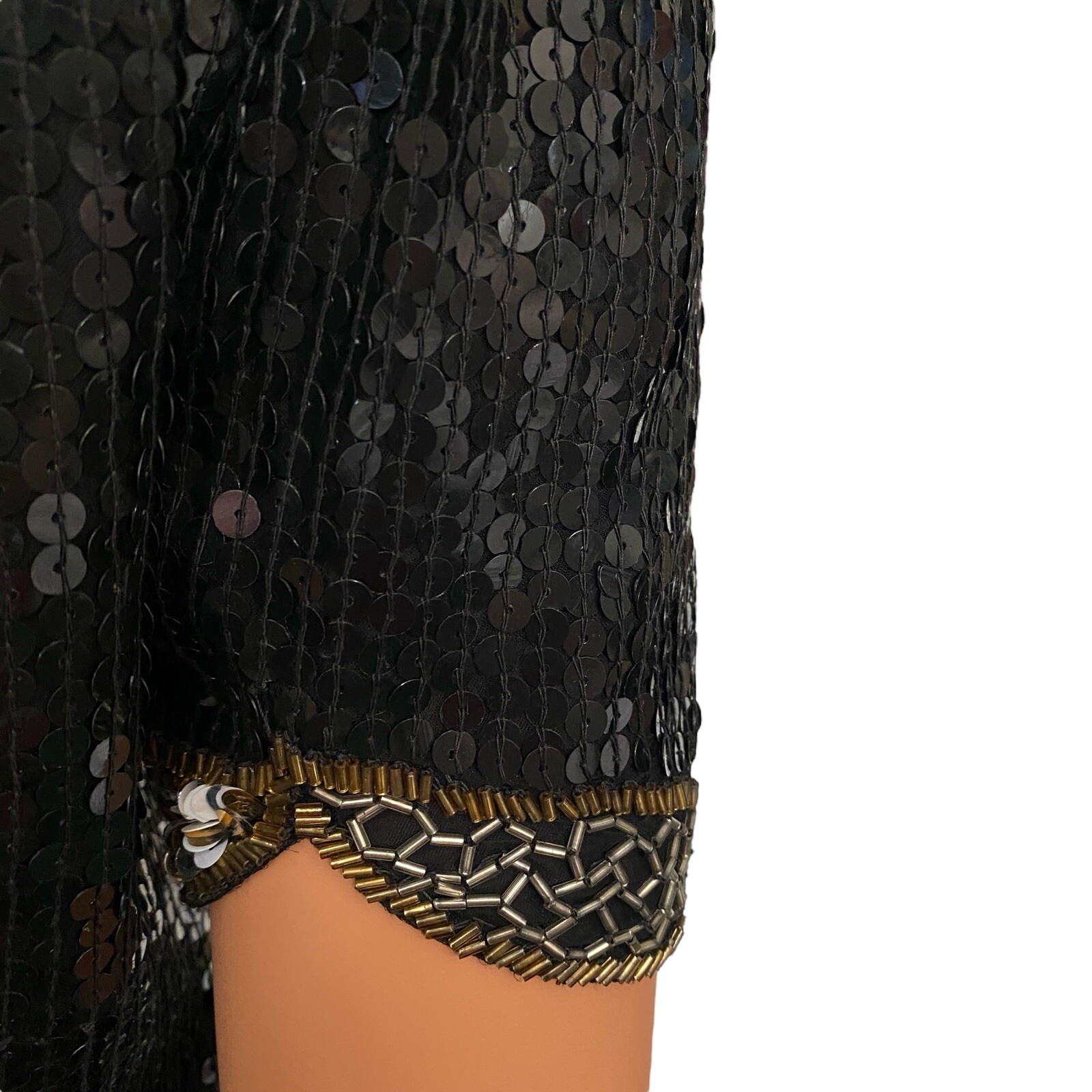 80s Sequin Beaded 100% Silk Black Gold Top Evening Sz S VTG Glamorous Party