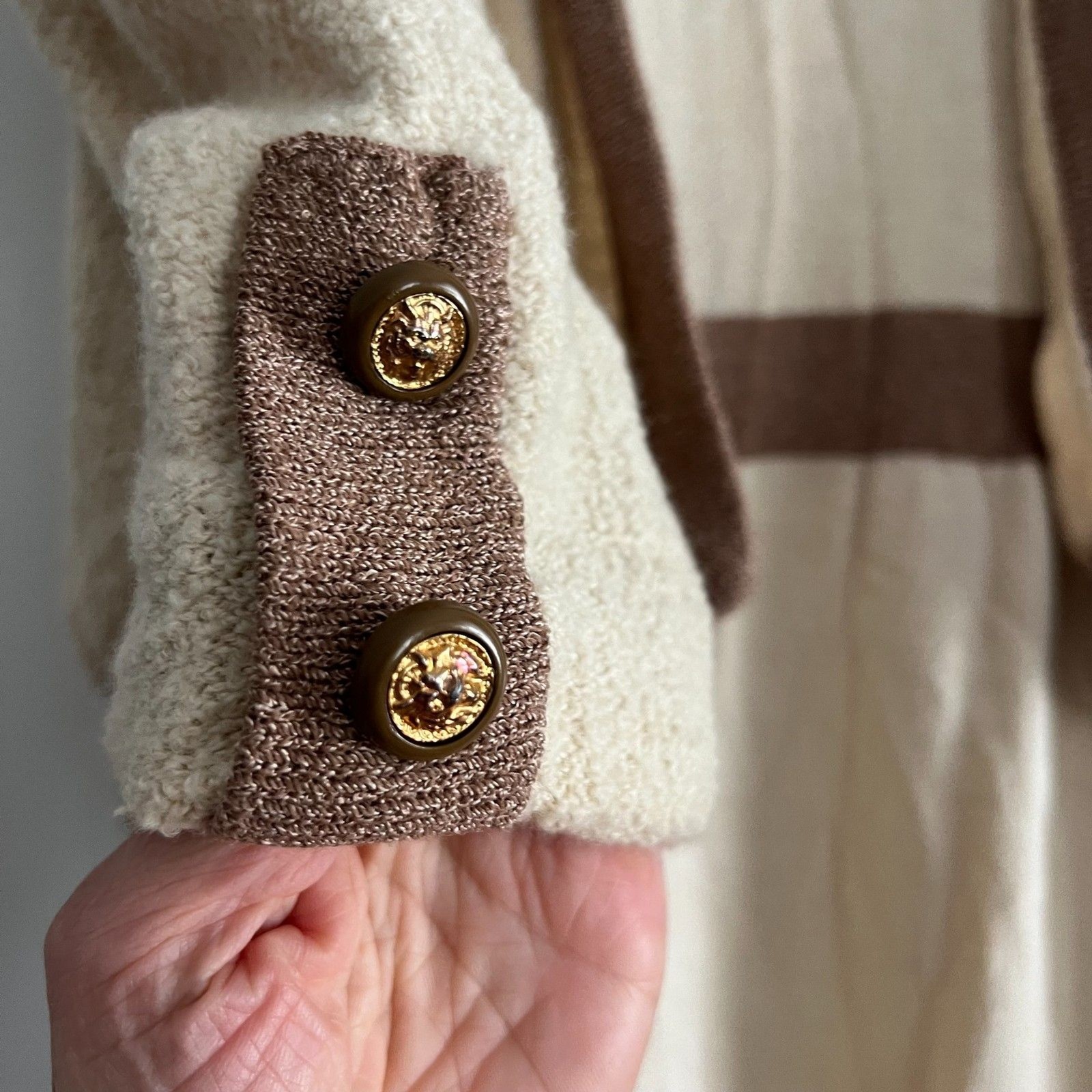 Vtg 1970s Pat Sandler Knit Set – dress & cardigan cream brown gold buttons S/M