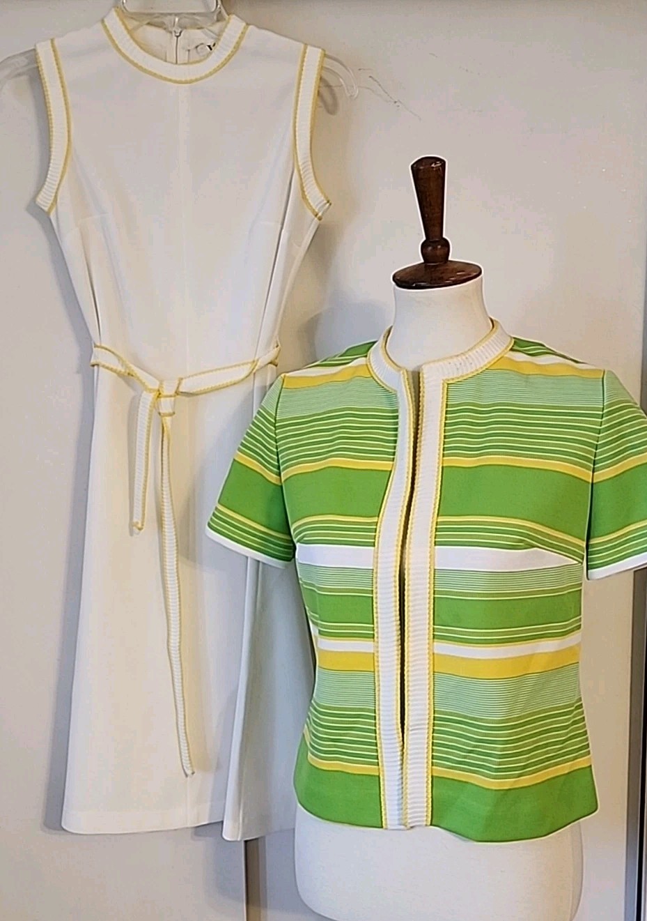Vintage 60s Mod Dress With Matching Jacket Sz8 Yellow Green & White Striped