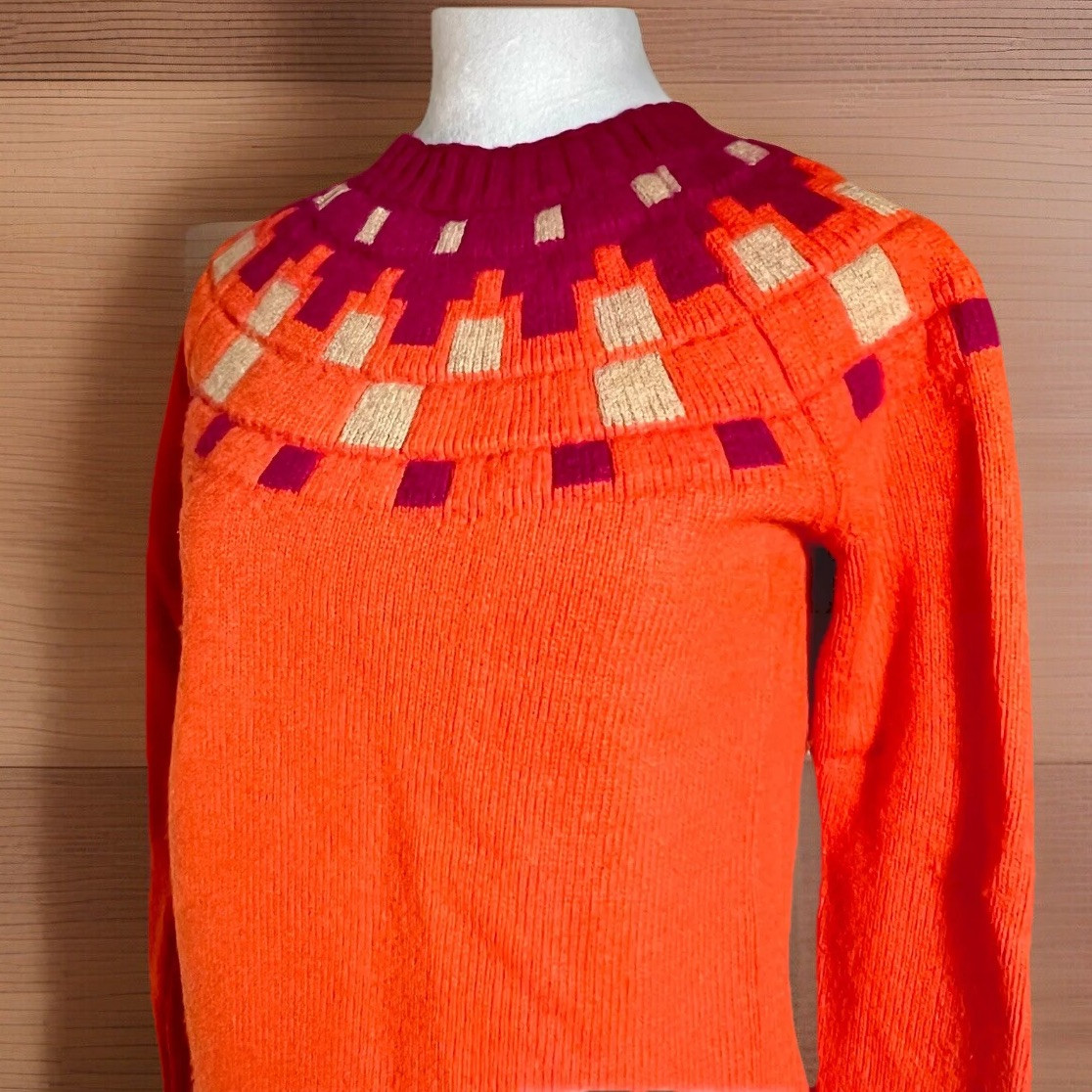 Vintage 90s Merino Wool Blend Fair Isle Aprés Ski Cottagecore Sweater Orange S