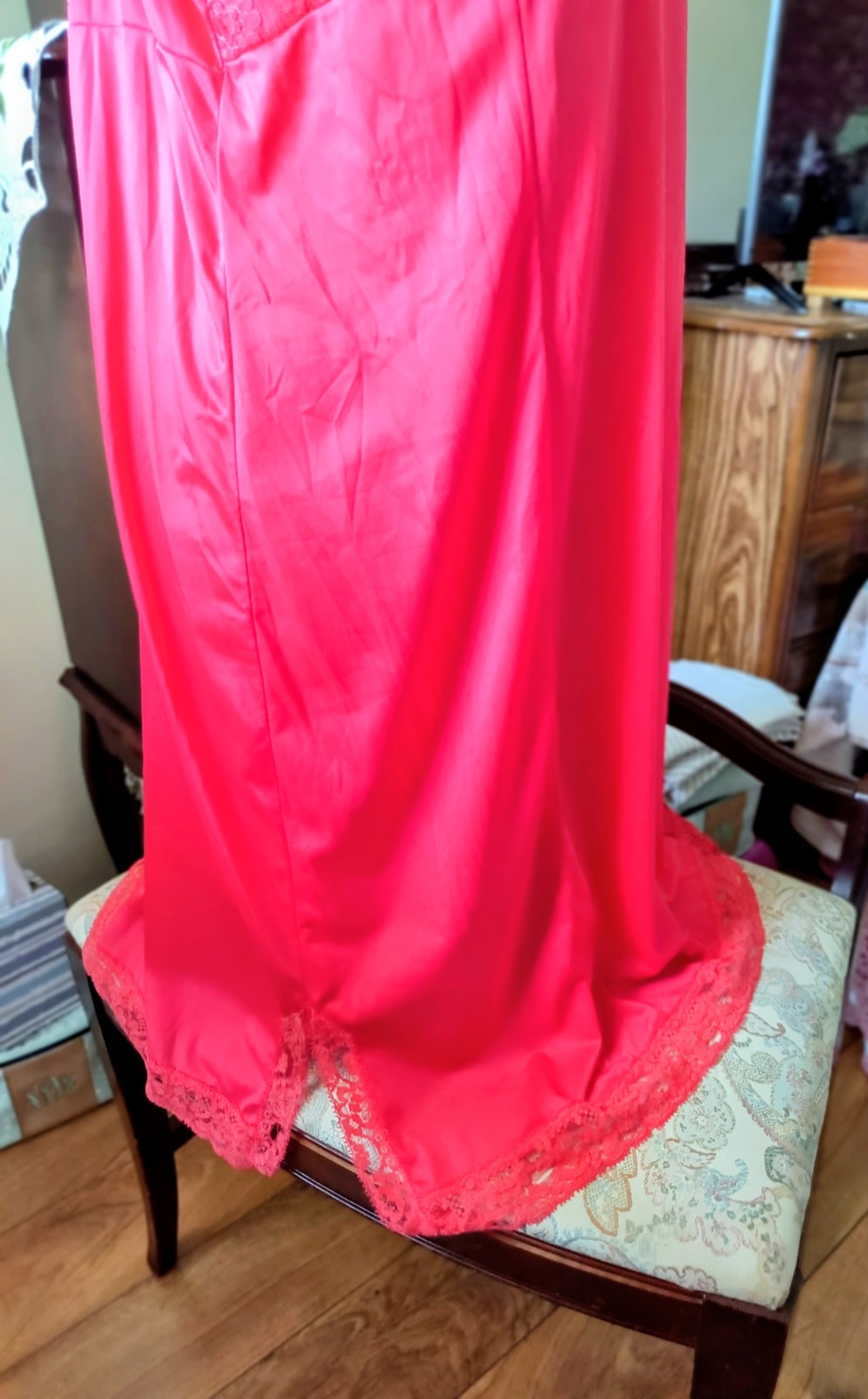 Vtg 60s GAYMODE Penneys Nylon Red Full Slip/Dress Lacey Bust & Hemline Sz 44