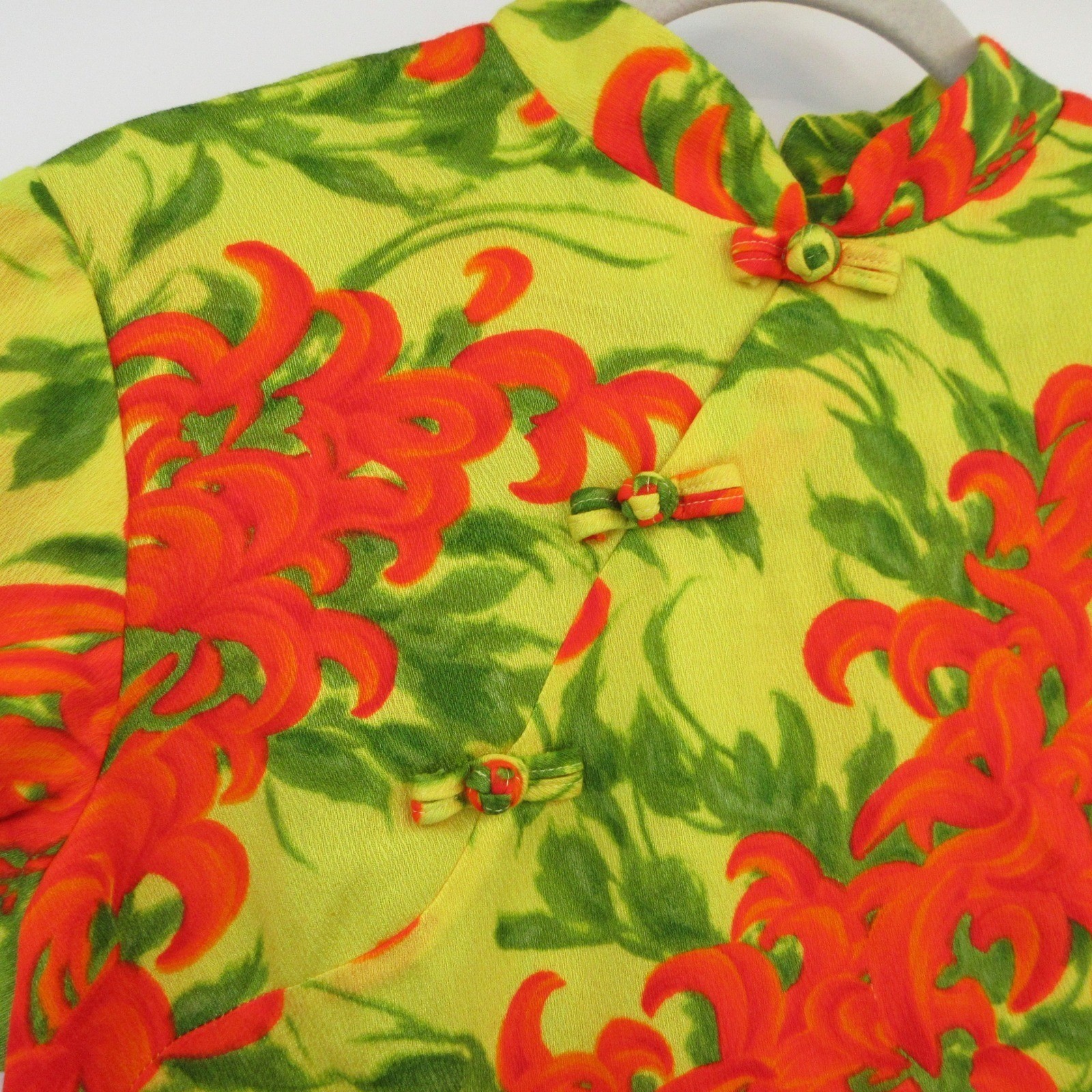 Vintage Andrade Honolulu Cheongsam Maxi Dress Yellow Floral Frog Closure Sz 14