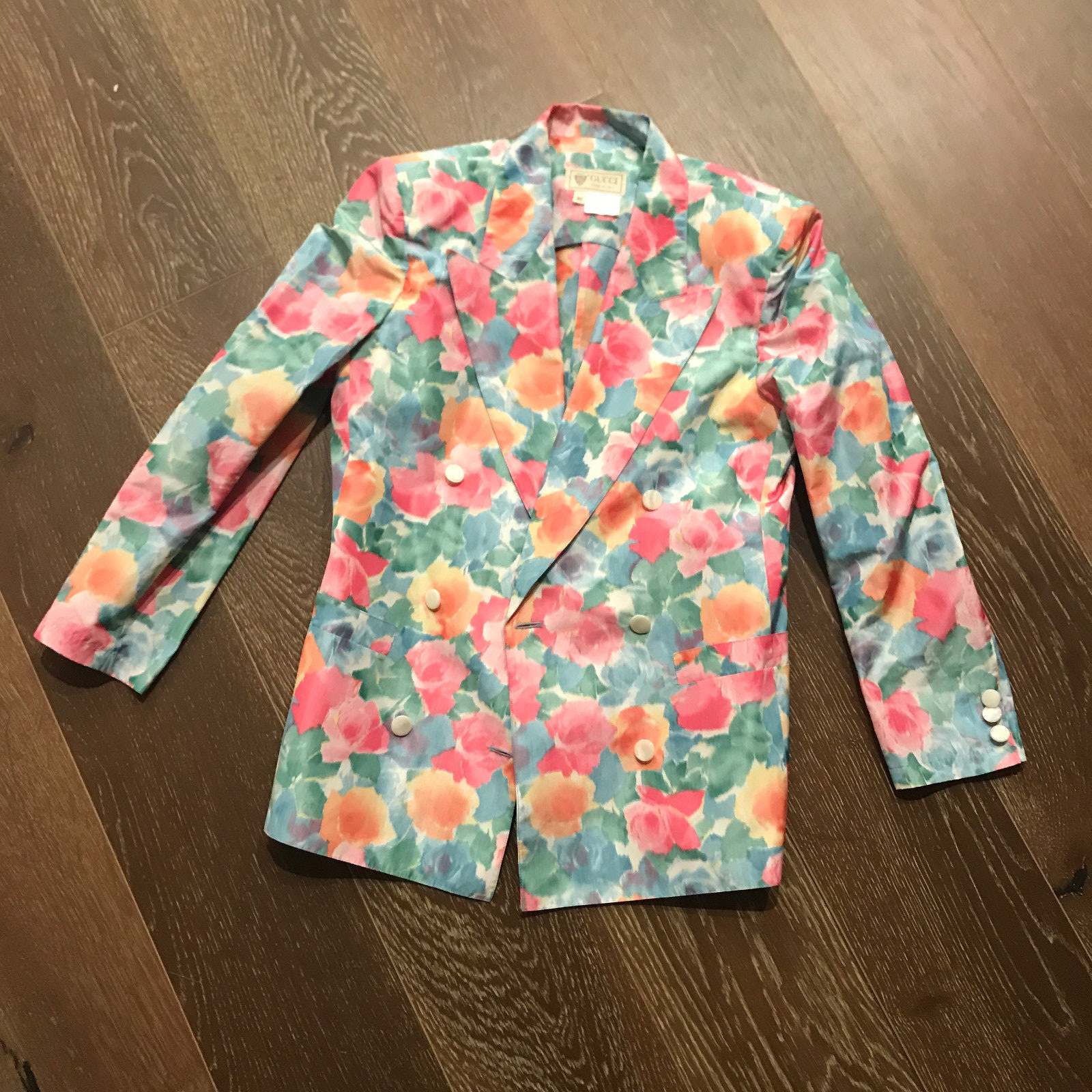 Vintage Gucci Italian Pink Green Blue Orange Floral Print Blazer Jacket Size 40