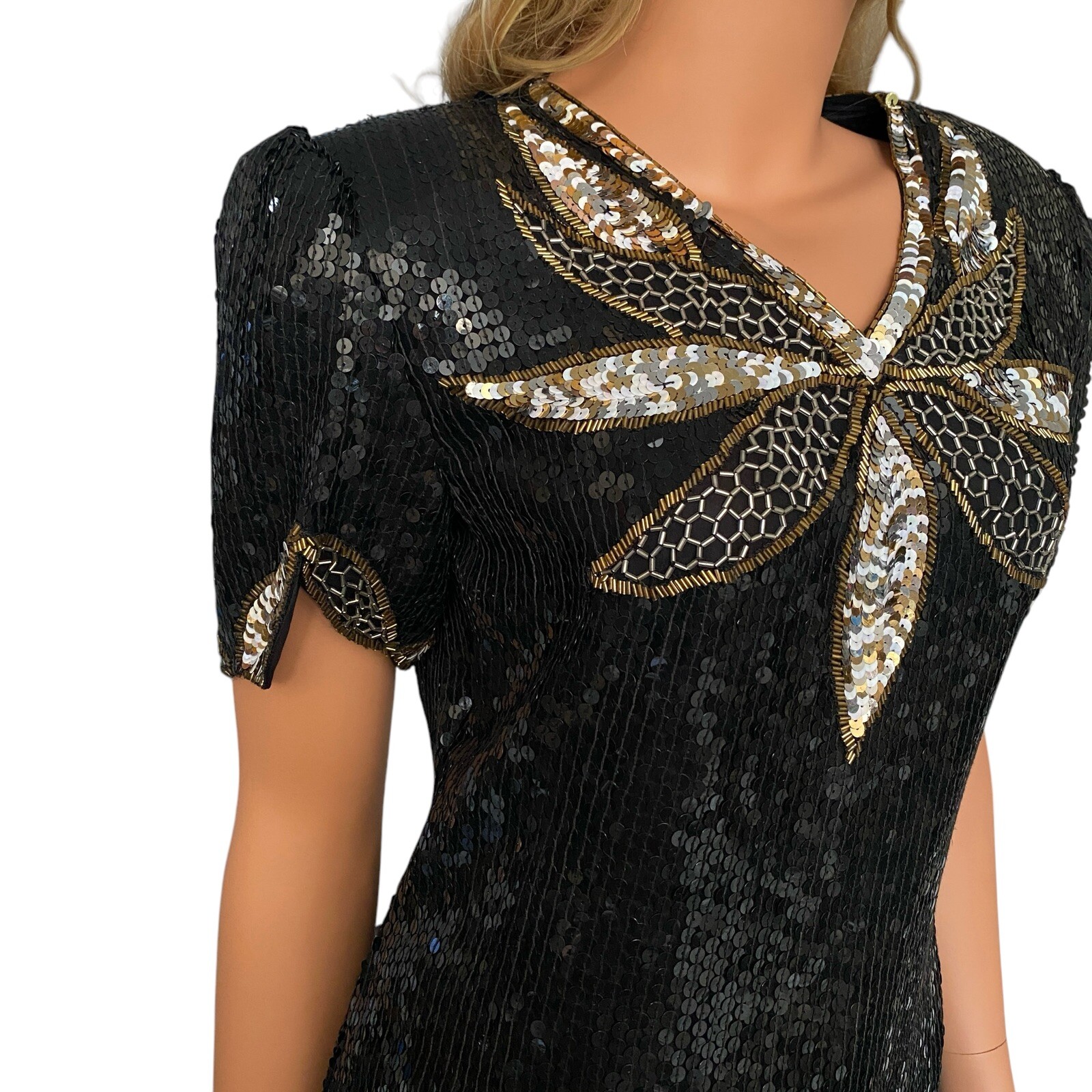 80s Sequin Beaded 100% Silk Black Gold Top Evening Sz S VTG Glamorous Party