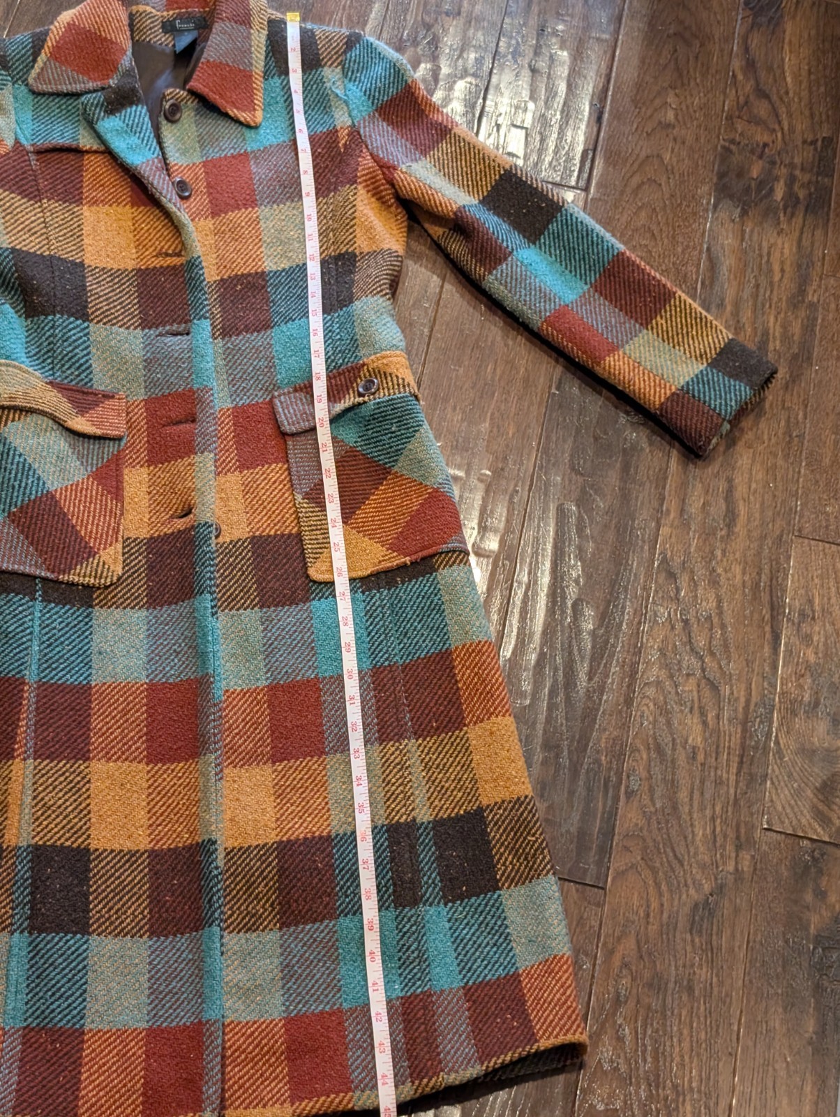 2005 Vintage Frenchi USA Made Wool Blend 44″ Long Plaid Maxi Jacket Medium