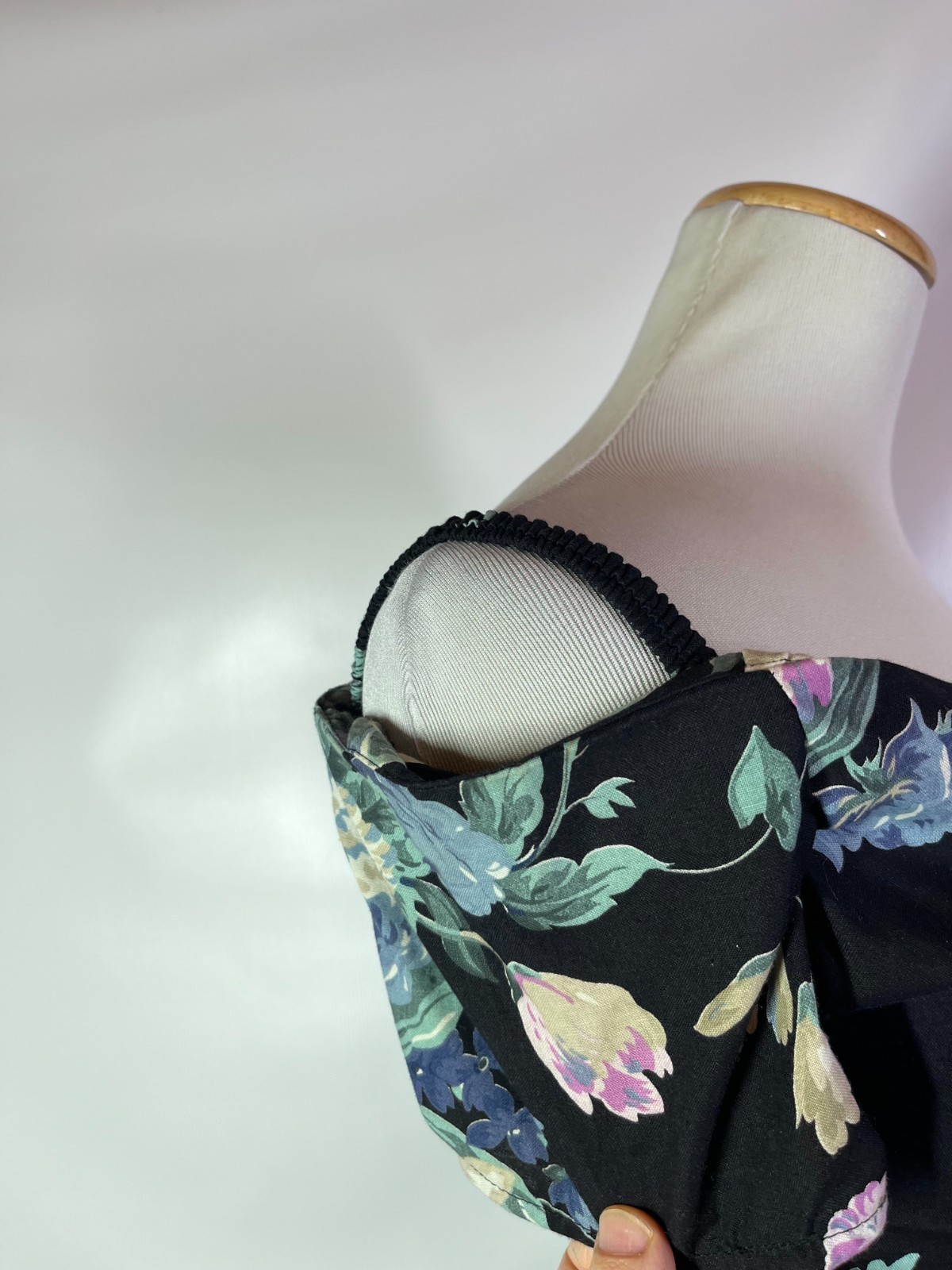 Vintage 1980s Byer Too! Size 5 Black Floral Tea Dress Off-the-Shoulder V-Waist