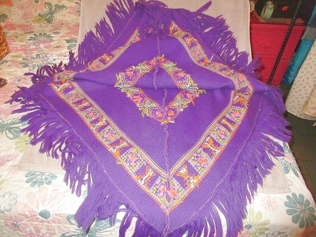 Vtg 70s Crochet Poncho Heavy Knit Sweater Coat Fringe Poms Boho Aztec Southweste