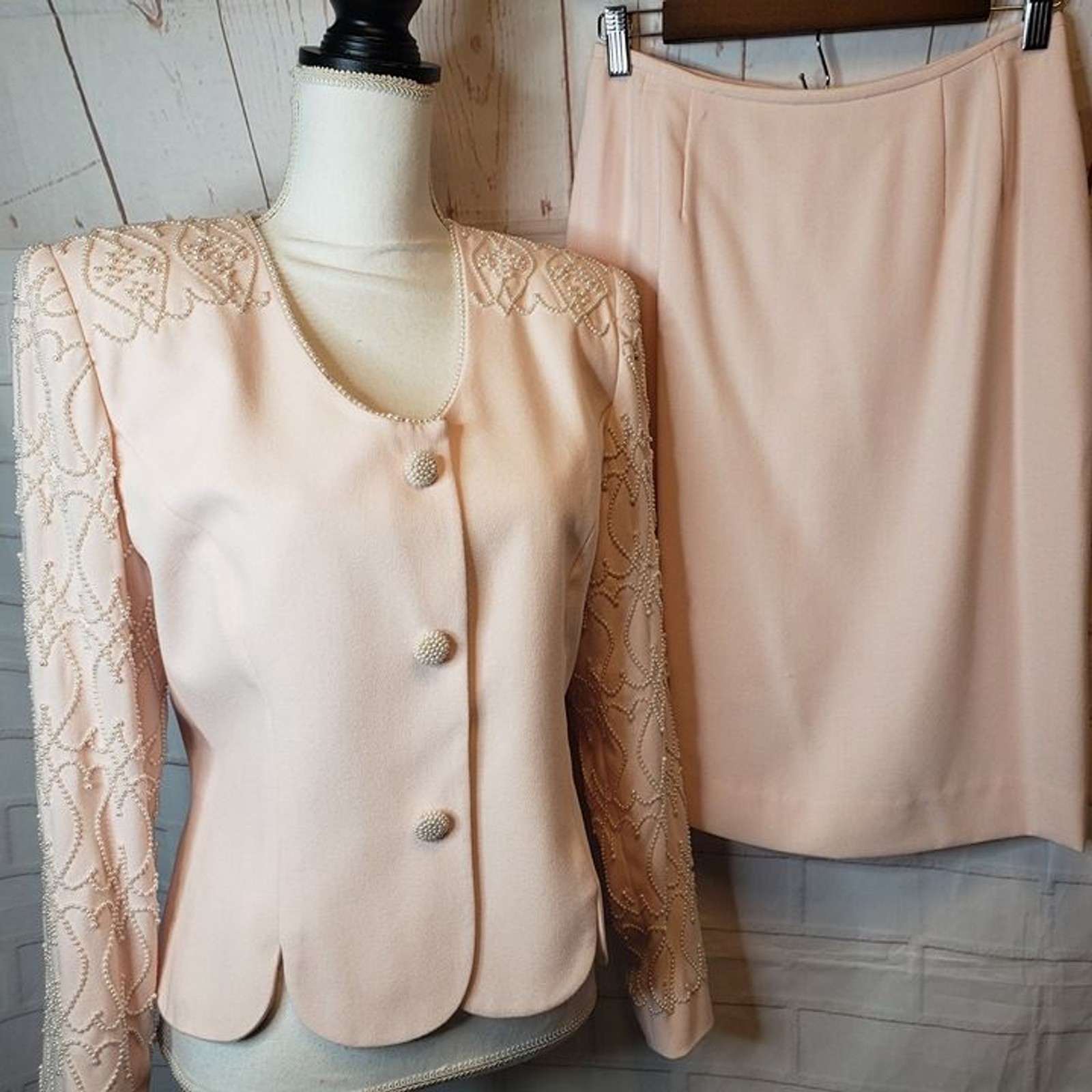 Vintage Nolan Miller 80s Pink Beaded 2Pc Skirt Suit Formal Church Set size 6