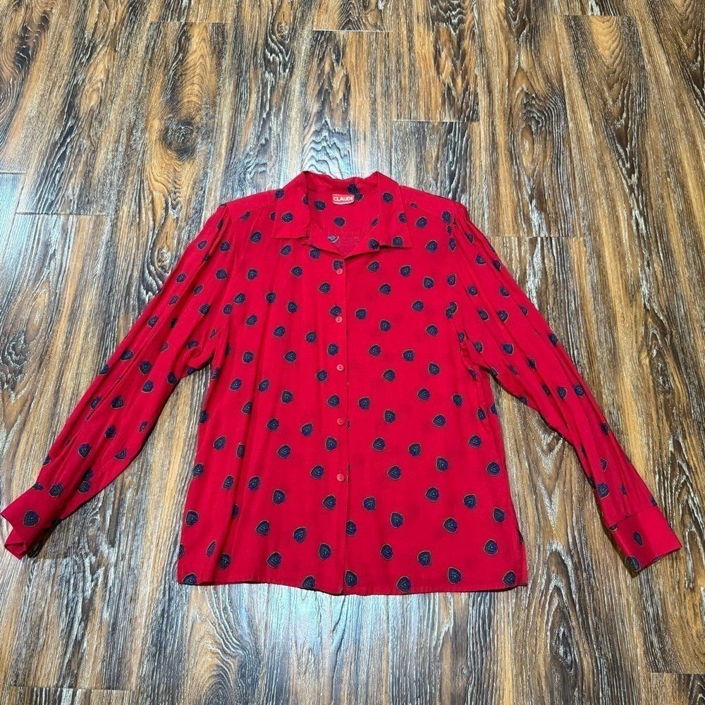 Vintage Claude Red Heart Paisley Button Up Blouse Long Sleeve Retro Top S / M