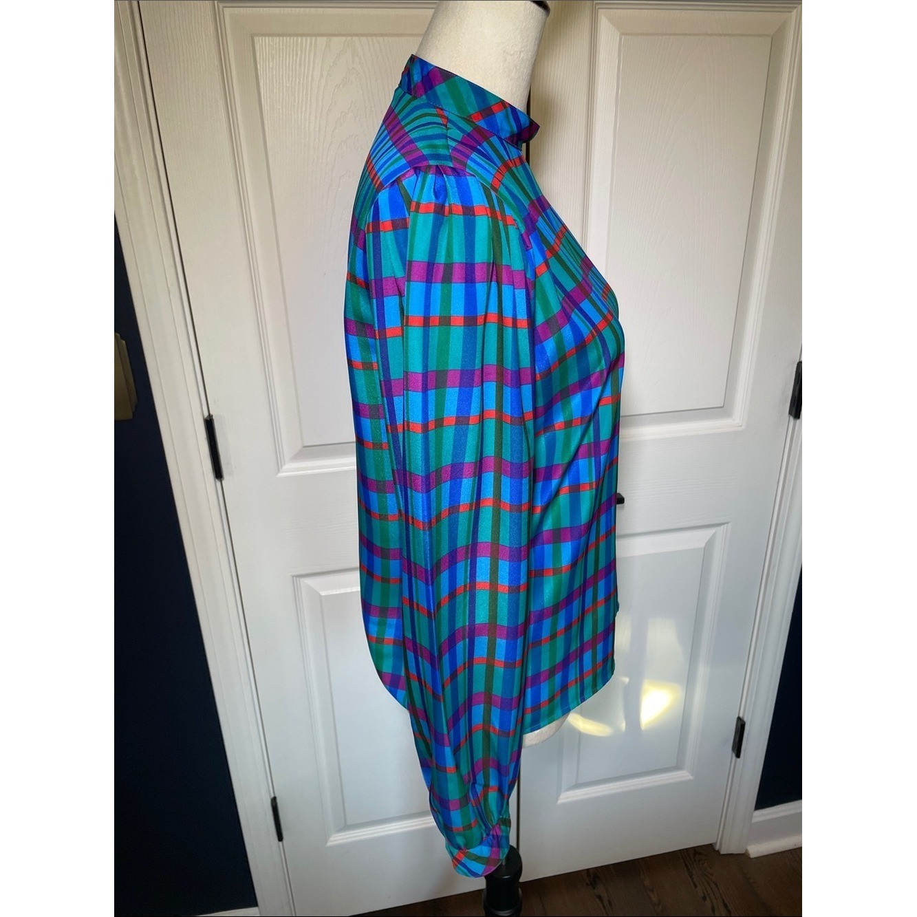 Vintage Liz Claiborne Plaid Blouse Teal Purple Green Red Button Side Panel Sz 8
