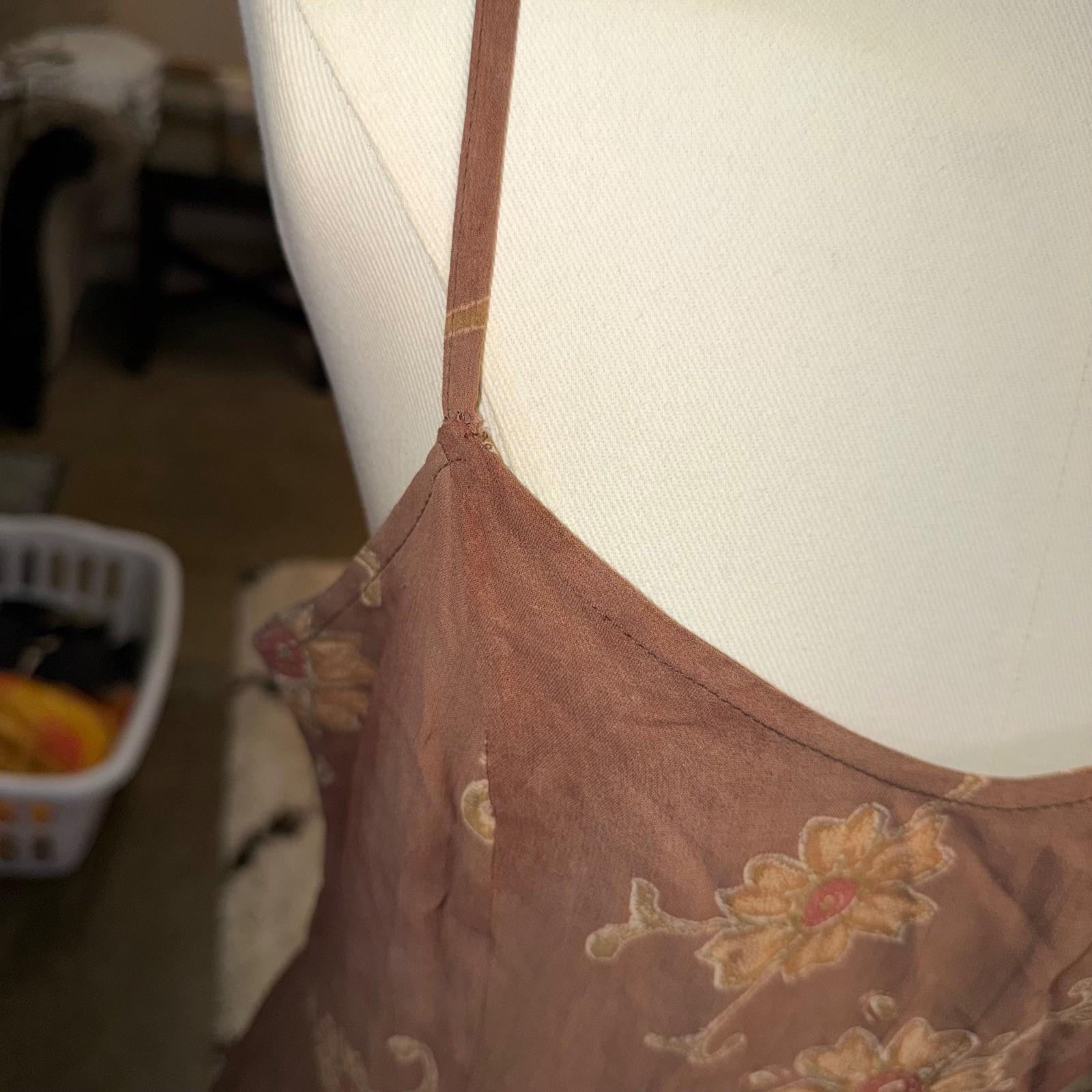 Vintage Euro Silk Blend Slip Dress Brown Floral Asymmetrical Grunge Fairycore
