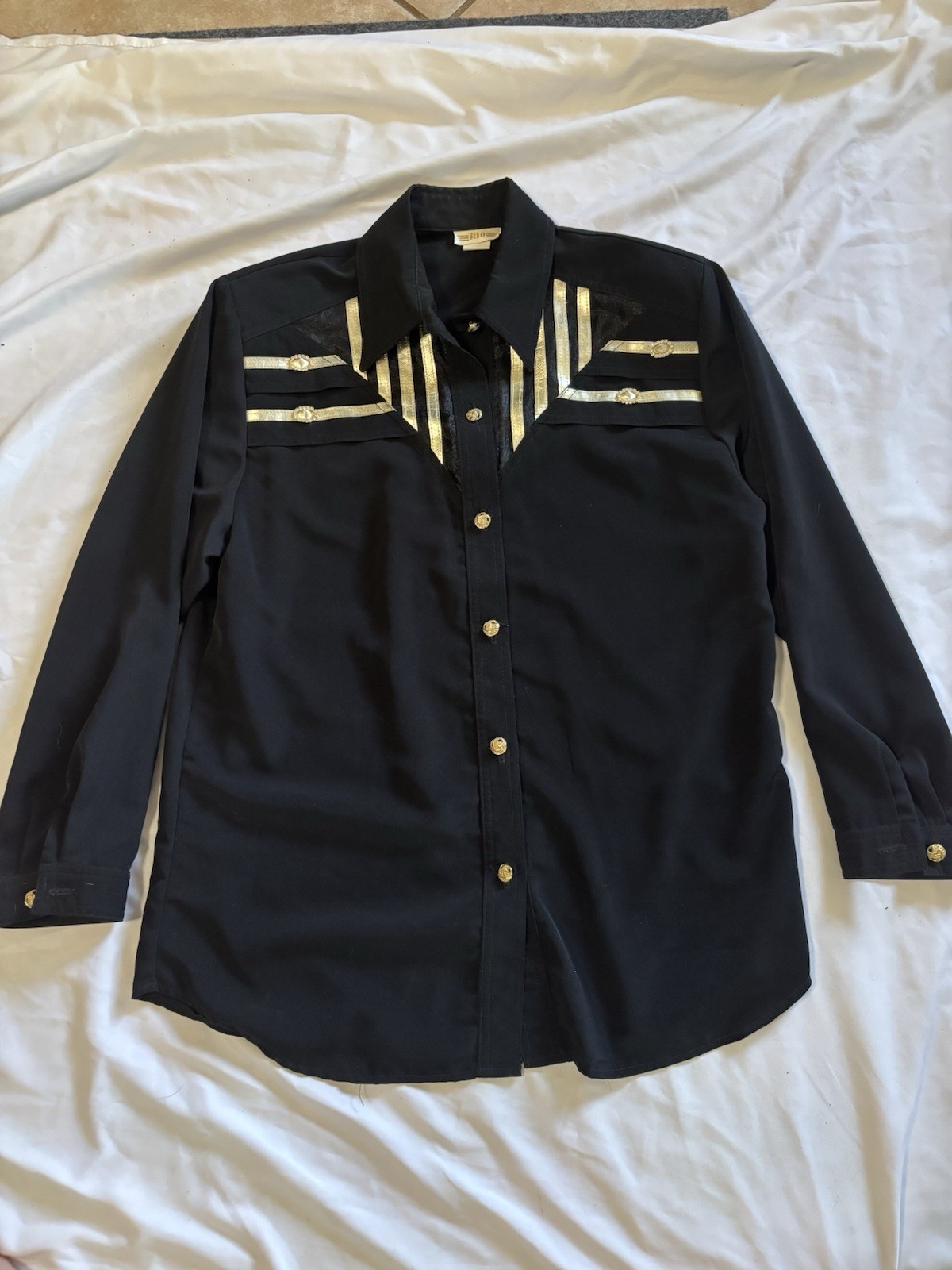 VTG 80s RIO Inc Women L Black Gold Metallic Ribbon Western Rodeo Shirt USA Made