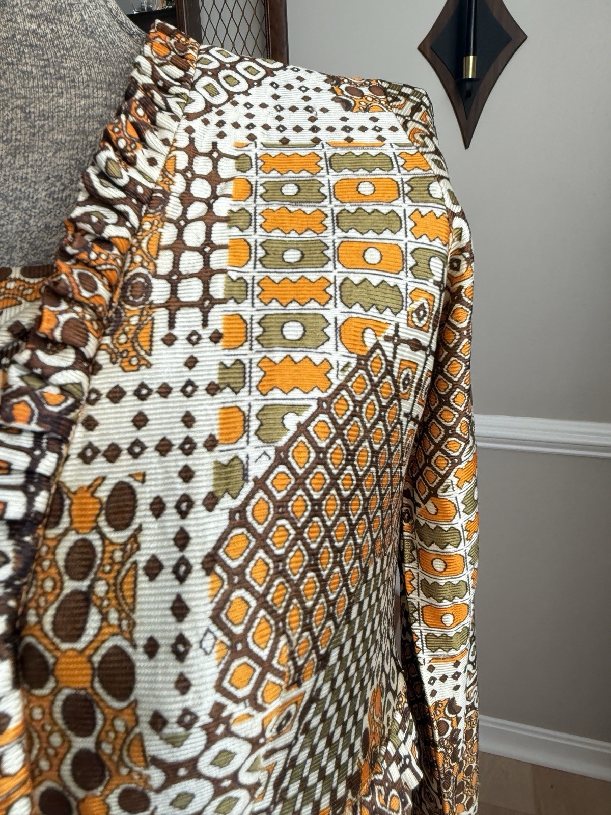 Vintage 70s Funky Print Brown And Orange Lace Up Midi Dress Size S