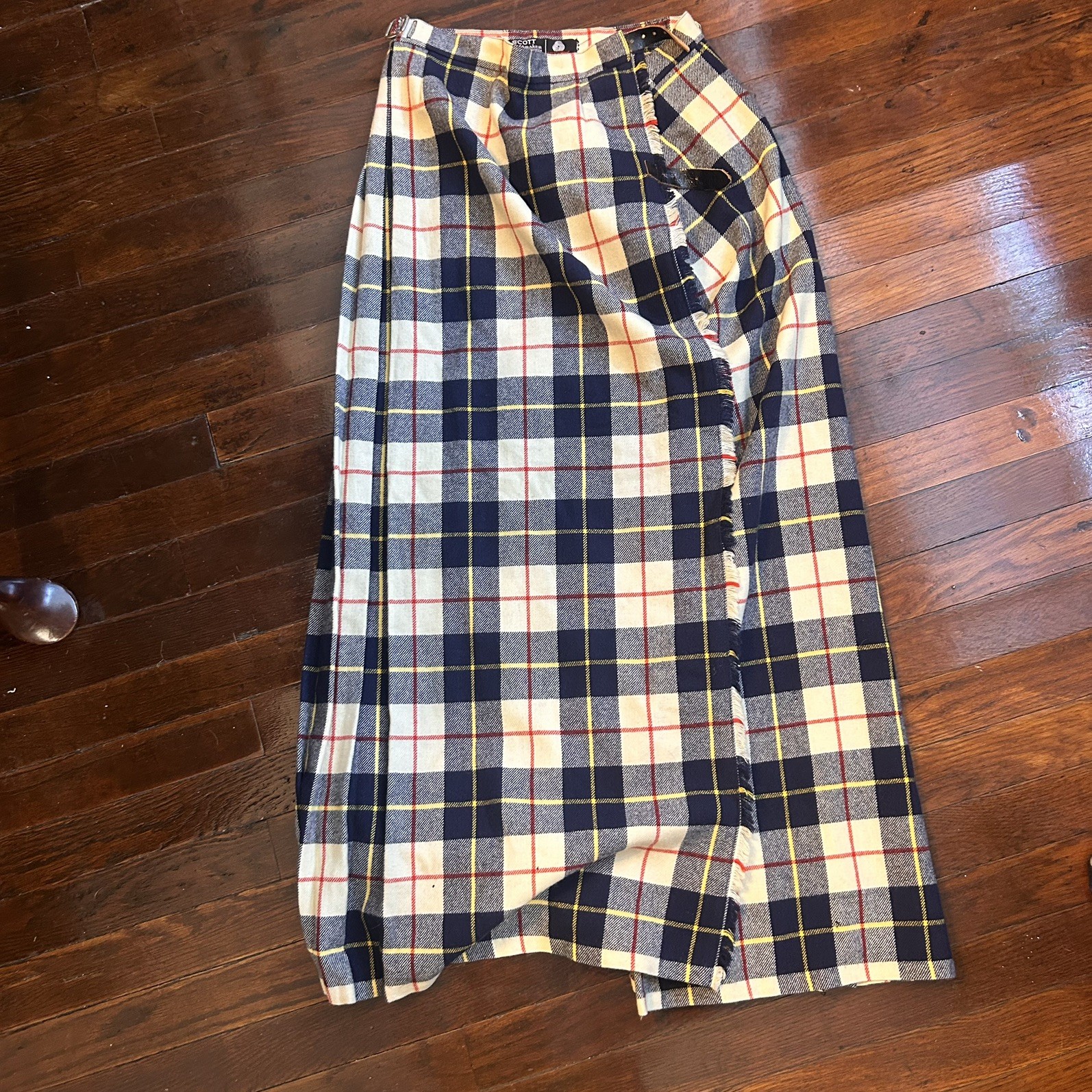 Vintage Scott Plaid Wool Kilt Maxi Skirt Tartan Wrap Pleated Fringe Long Sz 24