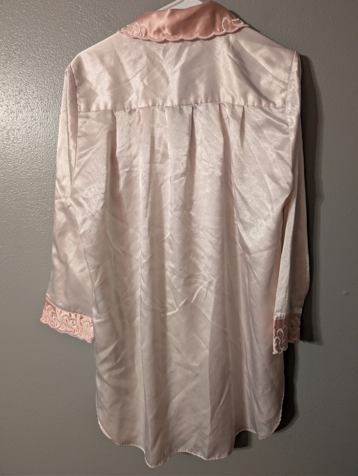 Vintage 80s Go Softly Satin Nightshirt S Pink Embroidered Lingerie Sleepwear