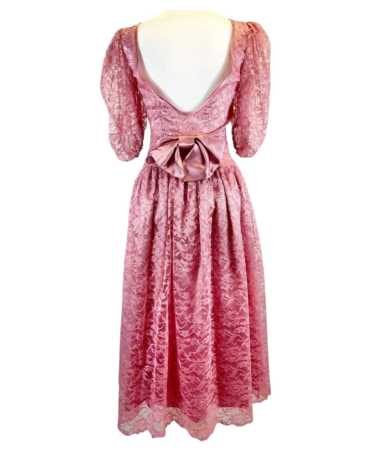 VINTAGE 1980s PRETTY PINK LACE NEW WAVE PUFF SLEEVE PROM PARTY DRESS VICTORIAN