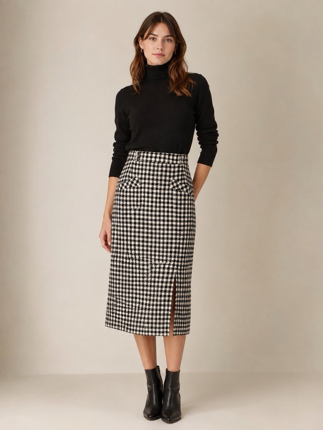 Vintage Black White Houndstooth Plaid Midi Skirt Counterparts Taiwan 29” Waist