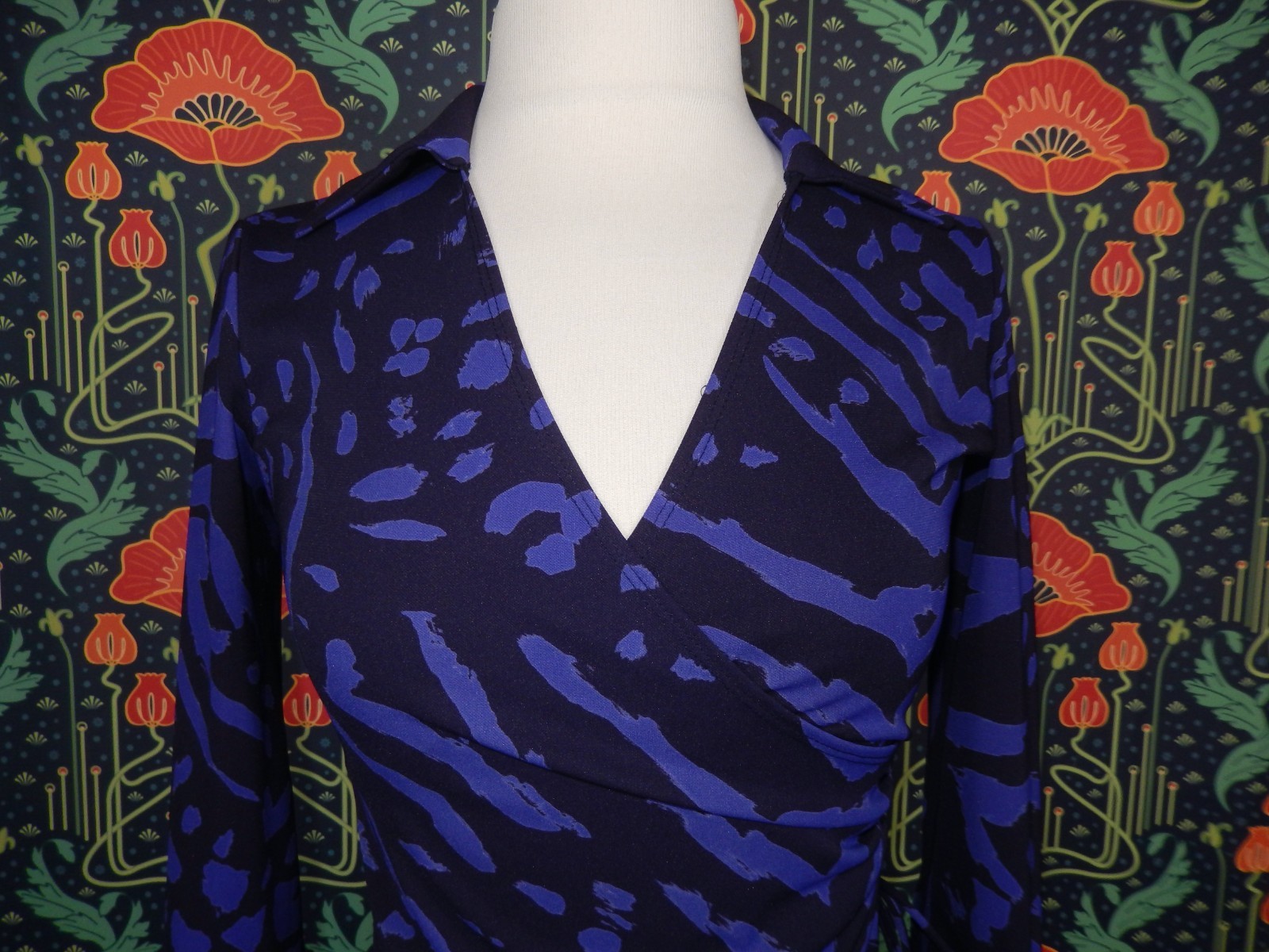 Vintage 90’s Y2K Laundry Navy Blue Purple Faux Wrap Knit Dress XS