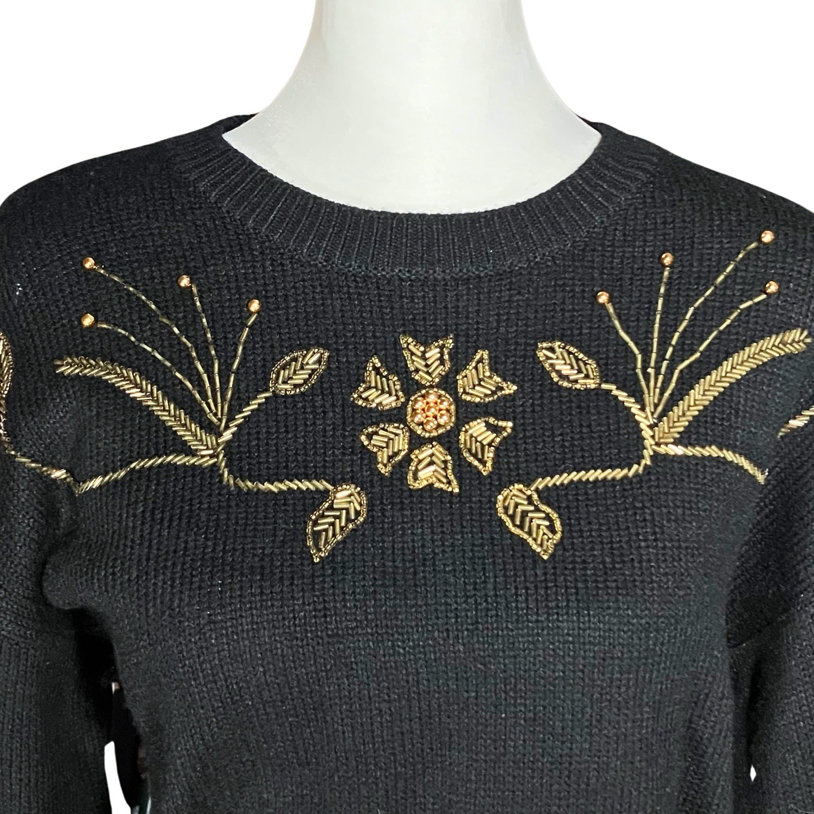 Vintage 90s Black Russ Sweater with Gold Floral Beading. S/M. Retro, Maximalism