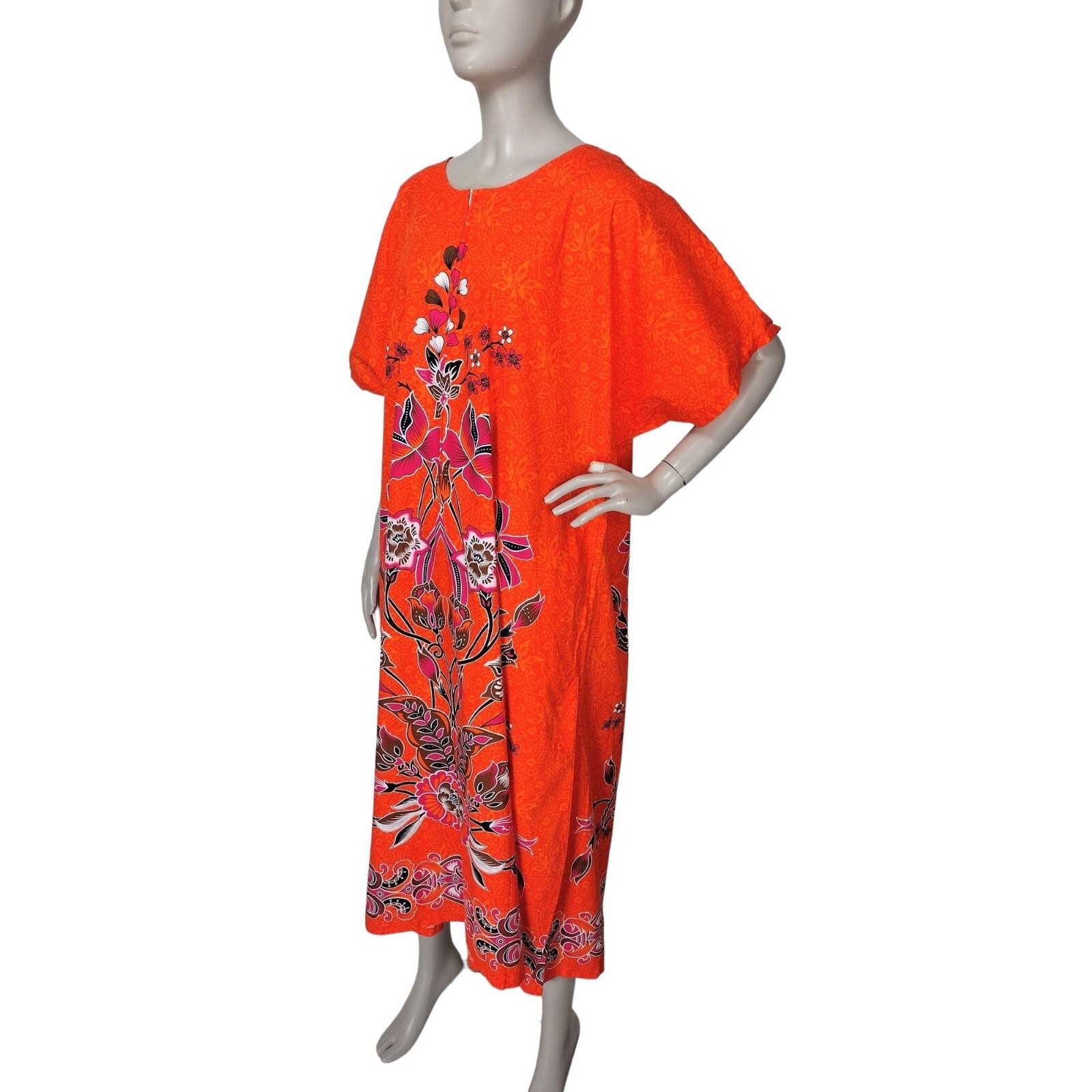 Hawaiian 90s Vintage Zip-Front Batik Orange Floral Muumuu Dress OSFM NWOT