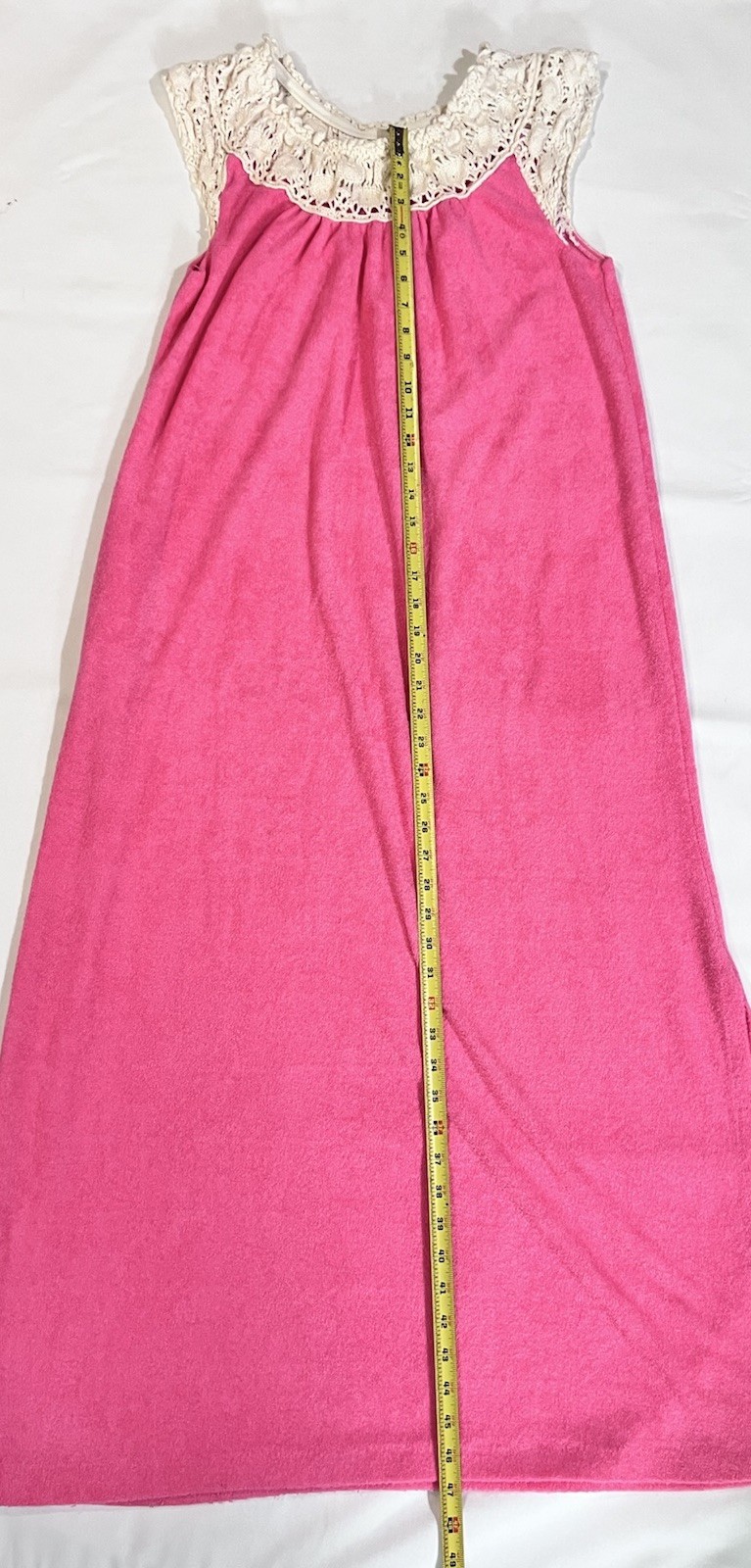 Vintage Hot Pink Terry Cloth Crocheted Lace Summer Dress Swim Cover Up 70s Mod