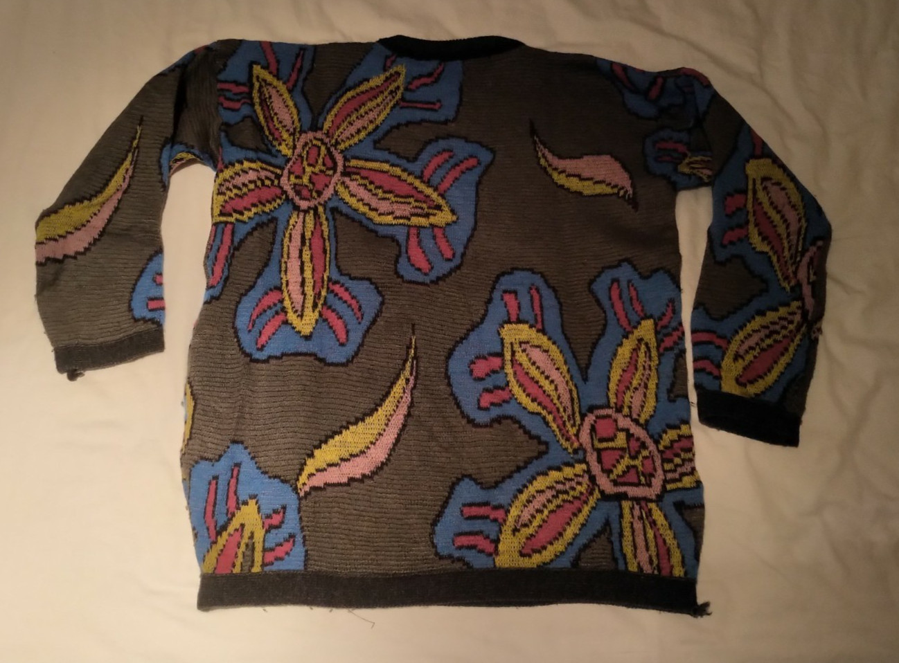 VINTAGE 1980S ESPRIT FLORAL PRINT WOOL SWEATER GREY BLACK BLUE SIZE M MEDIUM