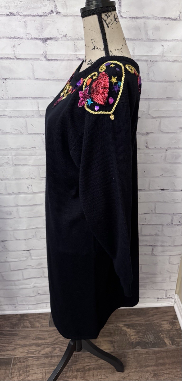 Plain Jane Sz L Black Sweater Dress Ugly Retro Maximalist Bling Sequin Novelty