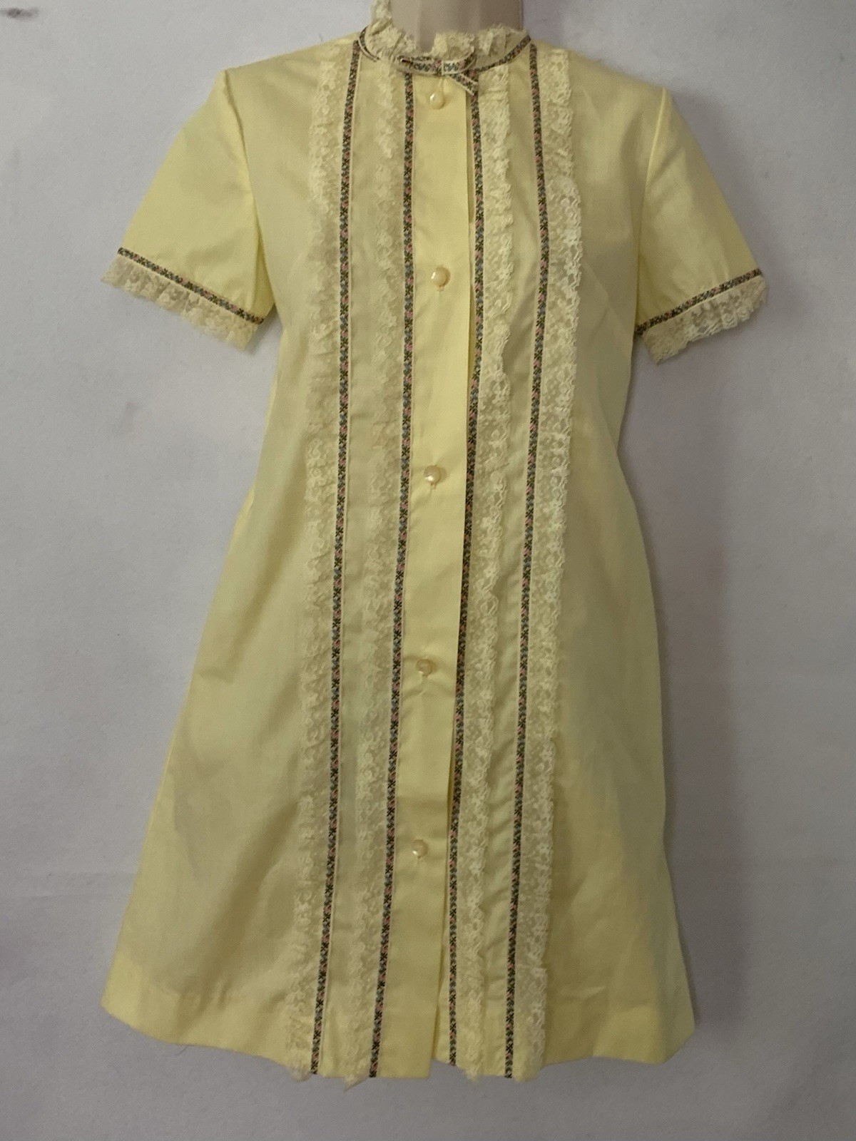 Vtg Evelyn Pearson Icon Mini Dress 60s 70s Lace Ribbon Detail Cottagecore Doll