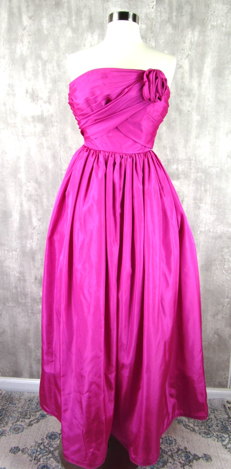 Vintage 80s Pink Fuchsia Taffeta Strapless Prom Gown Dress Bridesmaid XS MINT