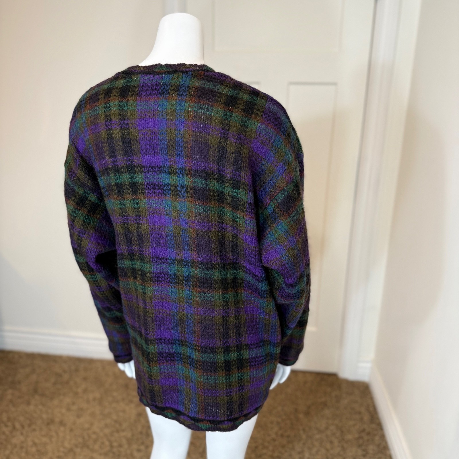 Vintage 80’s PLAID MOHAIR CARDIGAN M Knit Sweater Boxy Oversized Retro Pockets