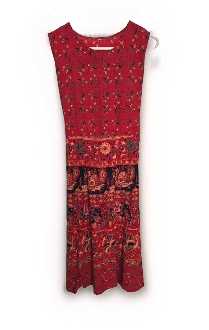 Bohemian maxi dress – vintage hippy – Red Animal Floral print Size 42 EU/ 11 US