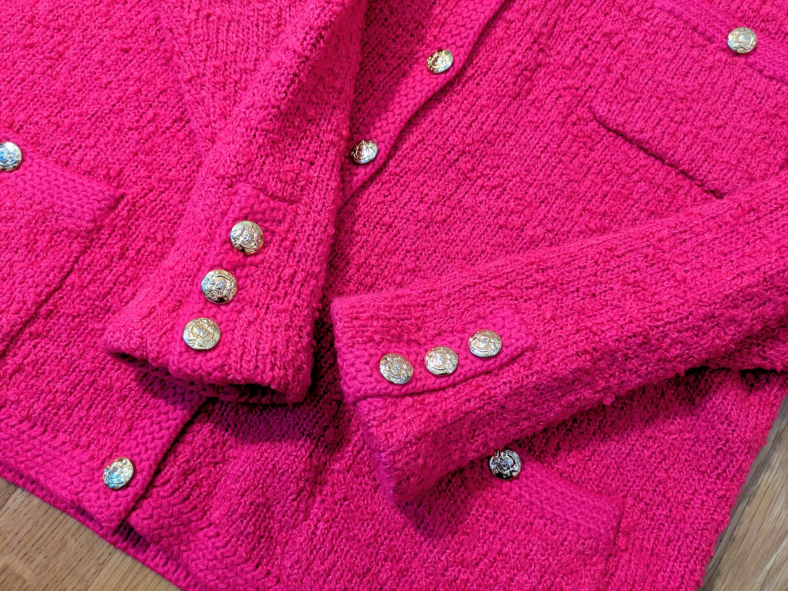 Vintage 80s TANNER Neon Pink/Gold Button Acrylic Cardigan Women’s sz M *EUC!*