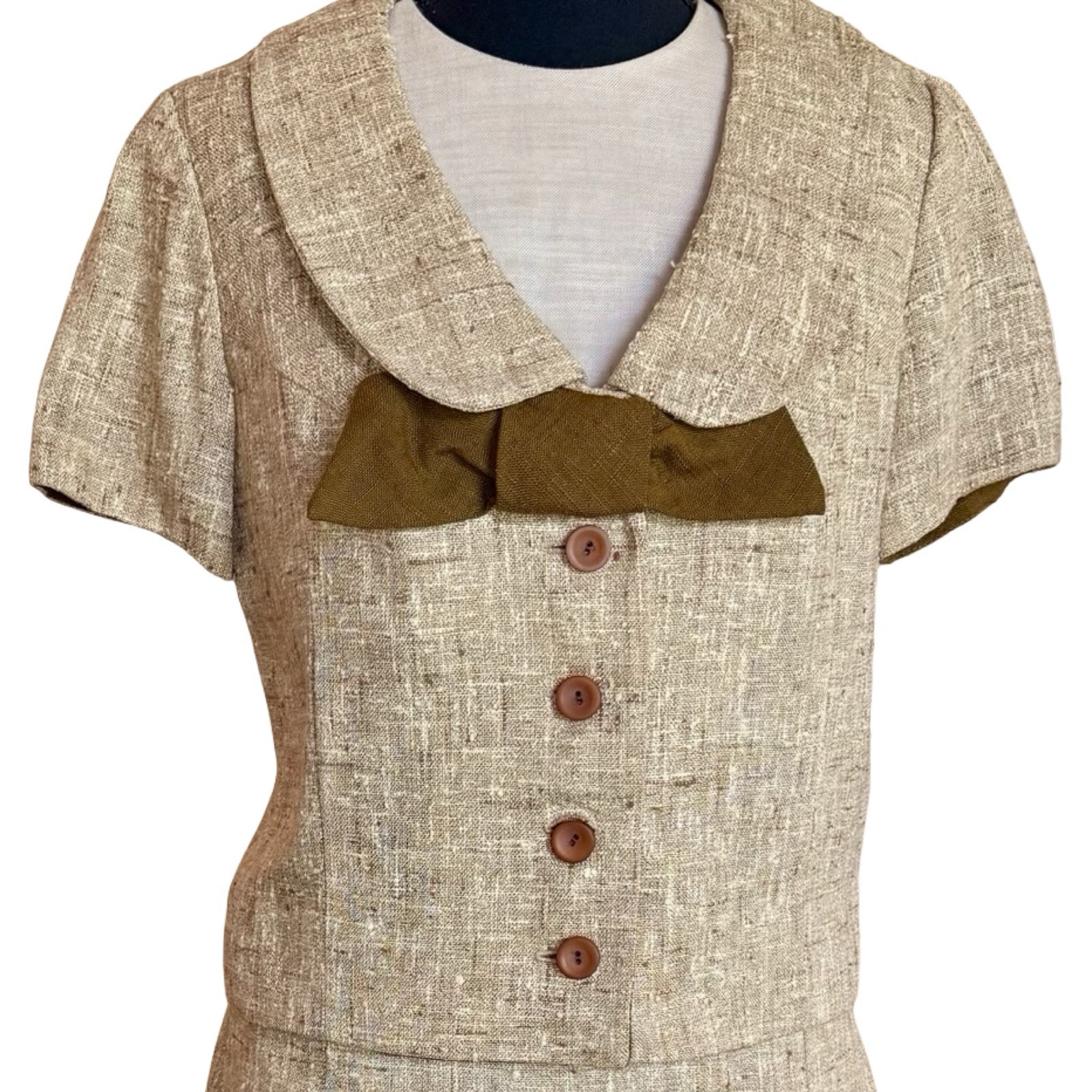 Vintage 1960s Sue Brett Tweed Style Dress and Jacket Set with Bow Size 6 Mod