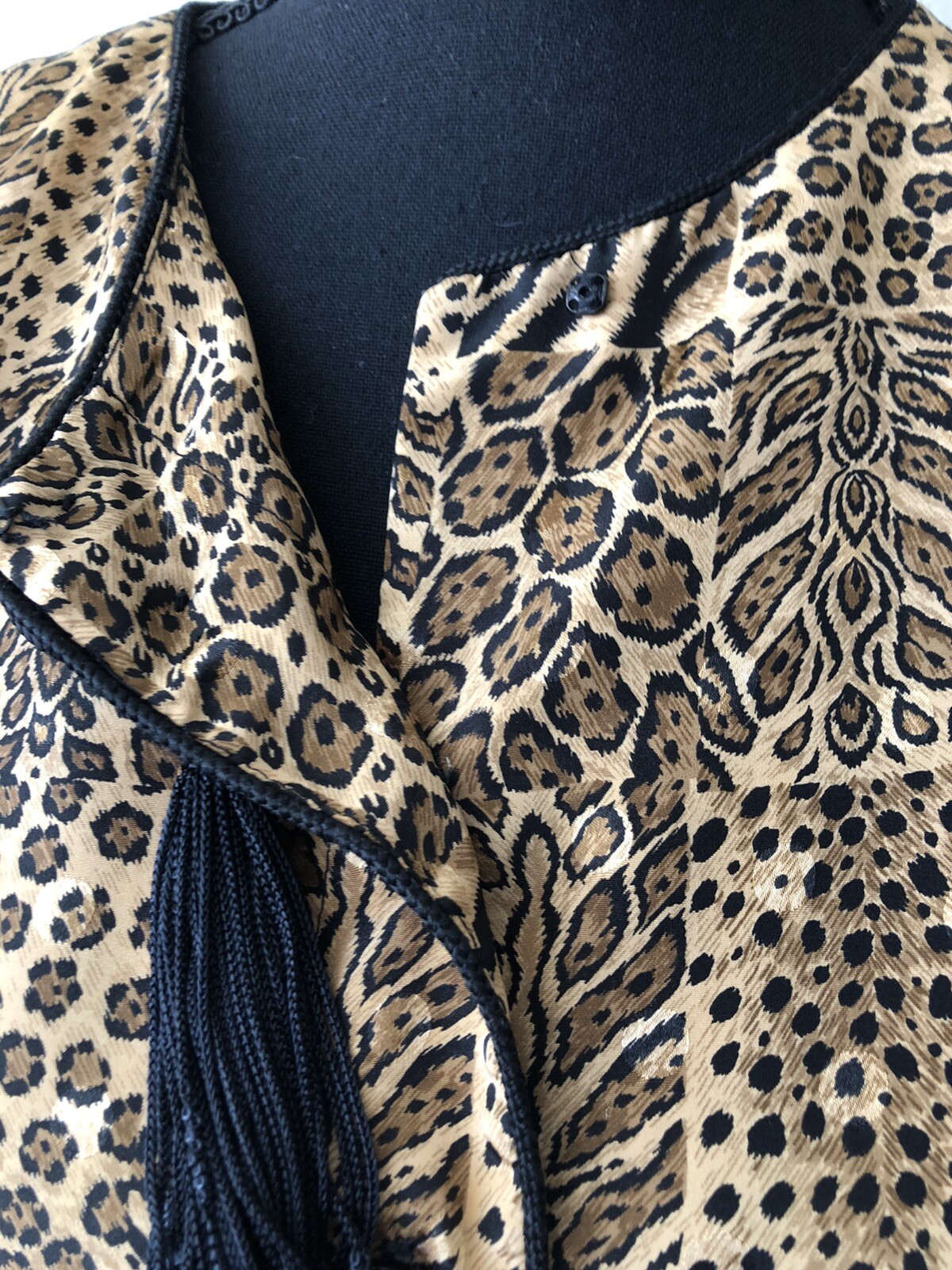 Vintage ’80s/’90s Leopard Animal Print Silky Blouson Blouse Banded Waist Large
