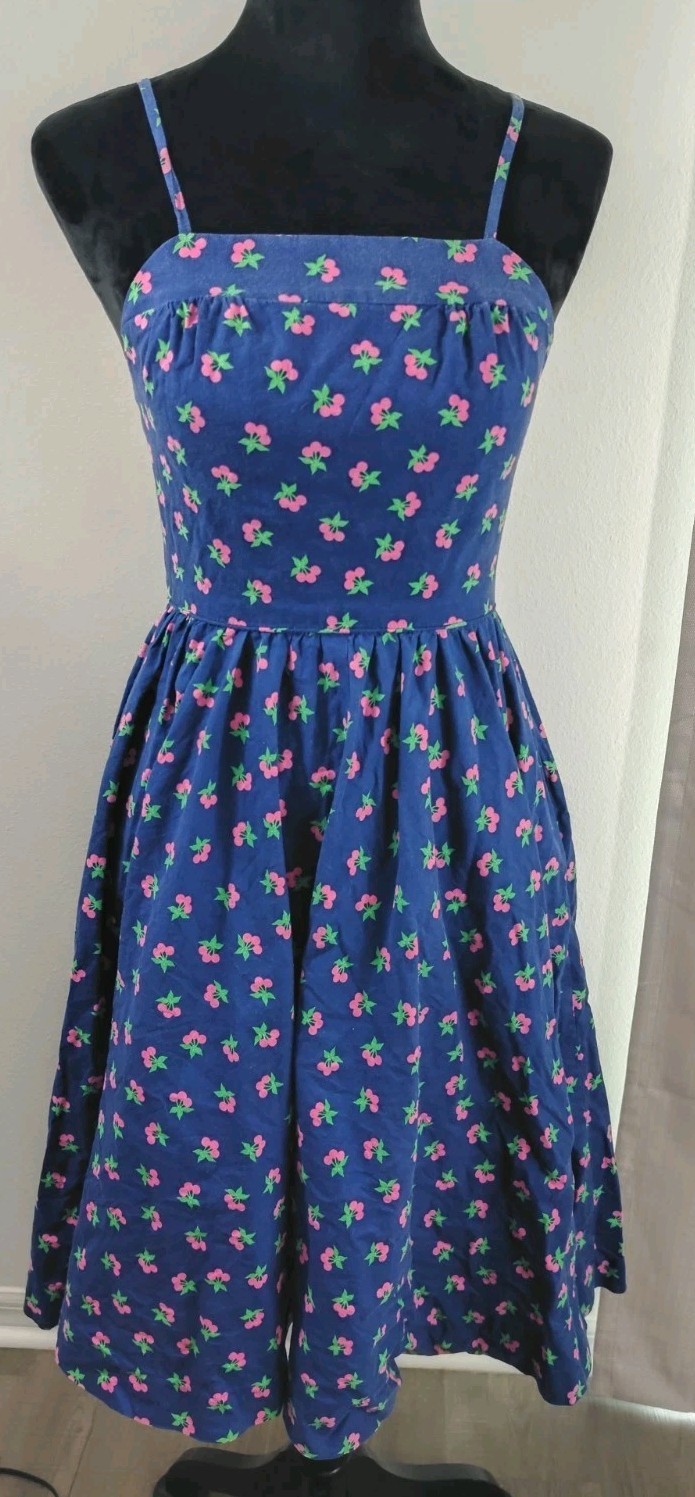 Vintage Lanz Original Blue Cherries Dress Cottagecore Pinup Sundress w/ Pockets