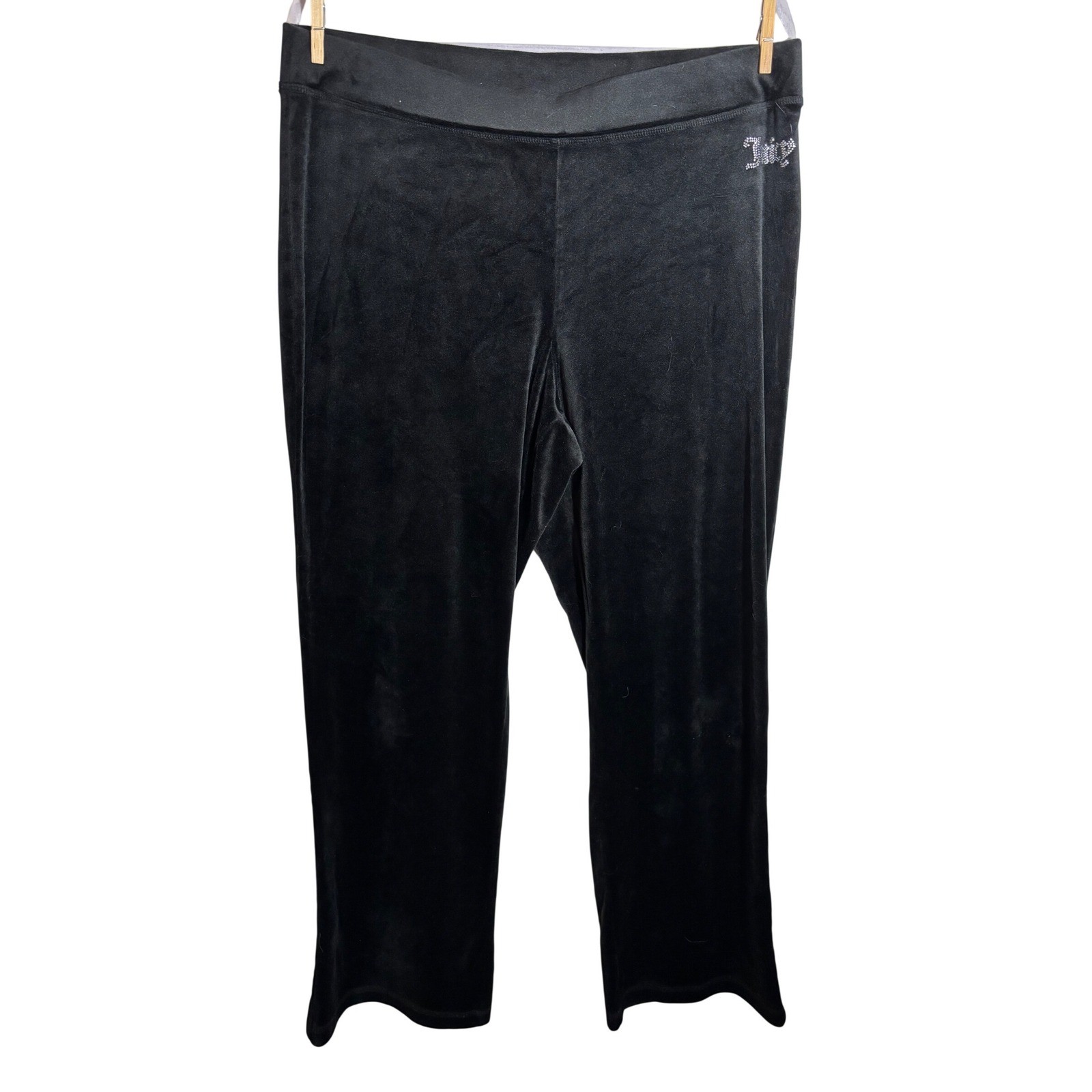 Y2K Juicy Couture Black Velour Track Pants w/ Rhinestone Bling Logo Size XL