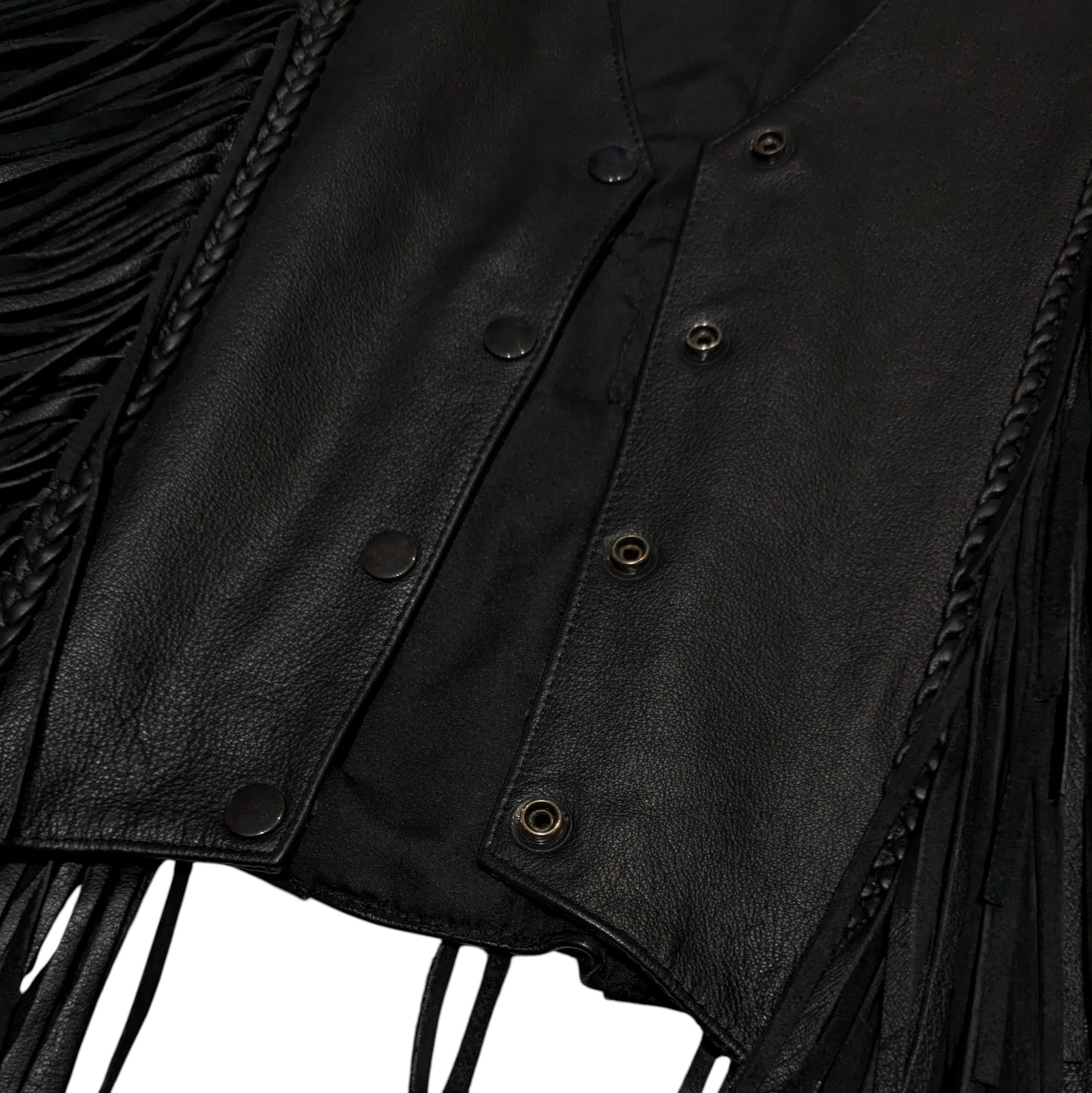 VTG Black Leather Fringe Vest Womens S Red Cross Lace Up Biker Baddie Edgy EUC