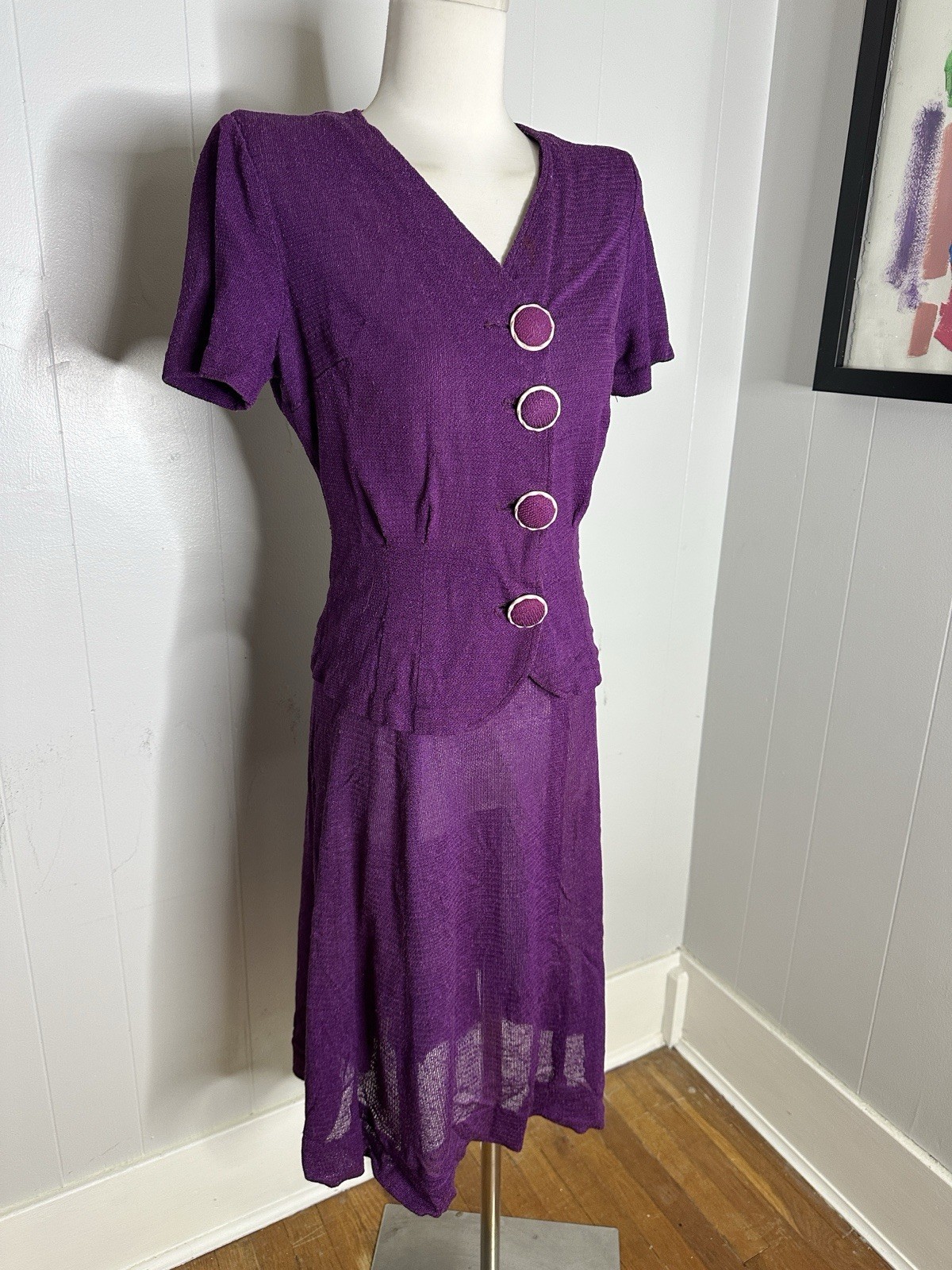 Vintage 1930s Purple Knit 2 Piece Skirt And Blouse Set