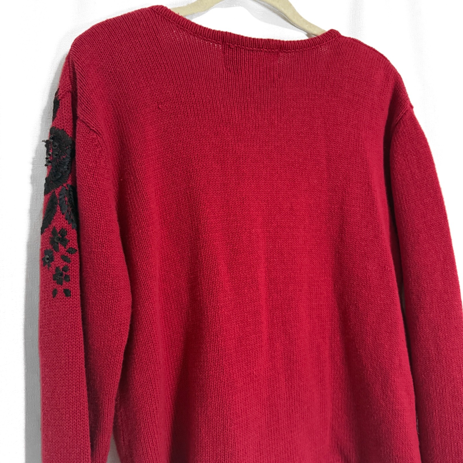 Vintage 90s Red Pinup Cardigan With Black Floral Embroidery and Beading Size M