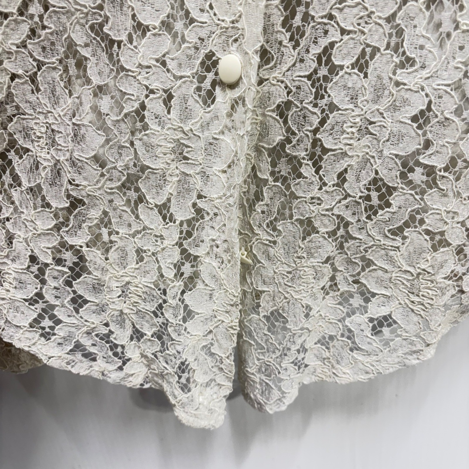 VTG Off White Floral Lace High Neck Button Blouse Sheer Beaded Back Top France