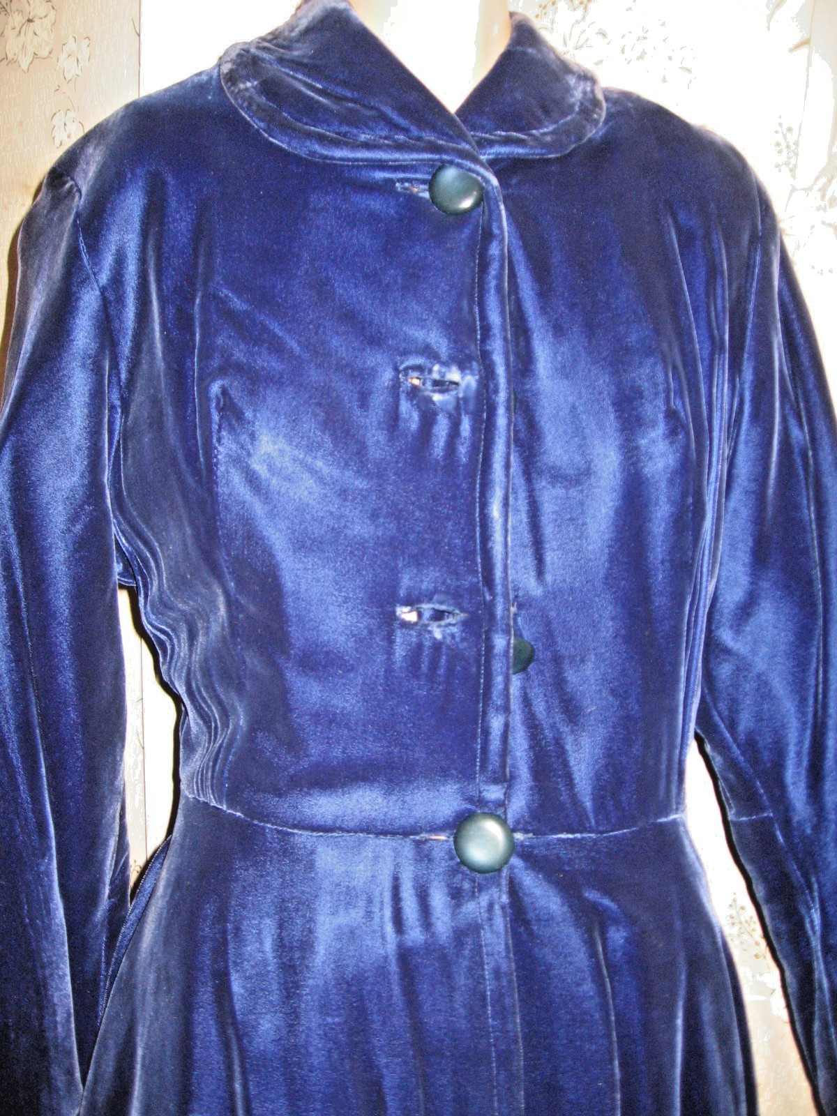 VINTAGE 1940 ART DECO BLUE VELVET PRINCESS DRESS/OPERA COAT -DRY CLEANED
