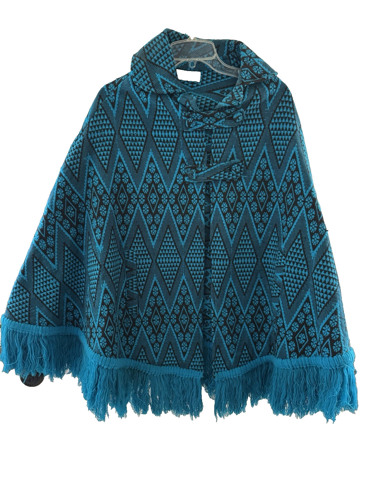 Beautiful 1960s Woven Tapestry Poncho with Fringe- Blue Black Guatemala