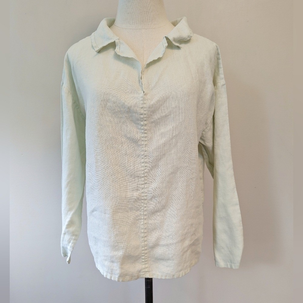 Vintage 90s Minimalist Sea Foam Linen Collared Top Women’s Medium Quiet Luxury