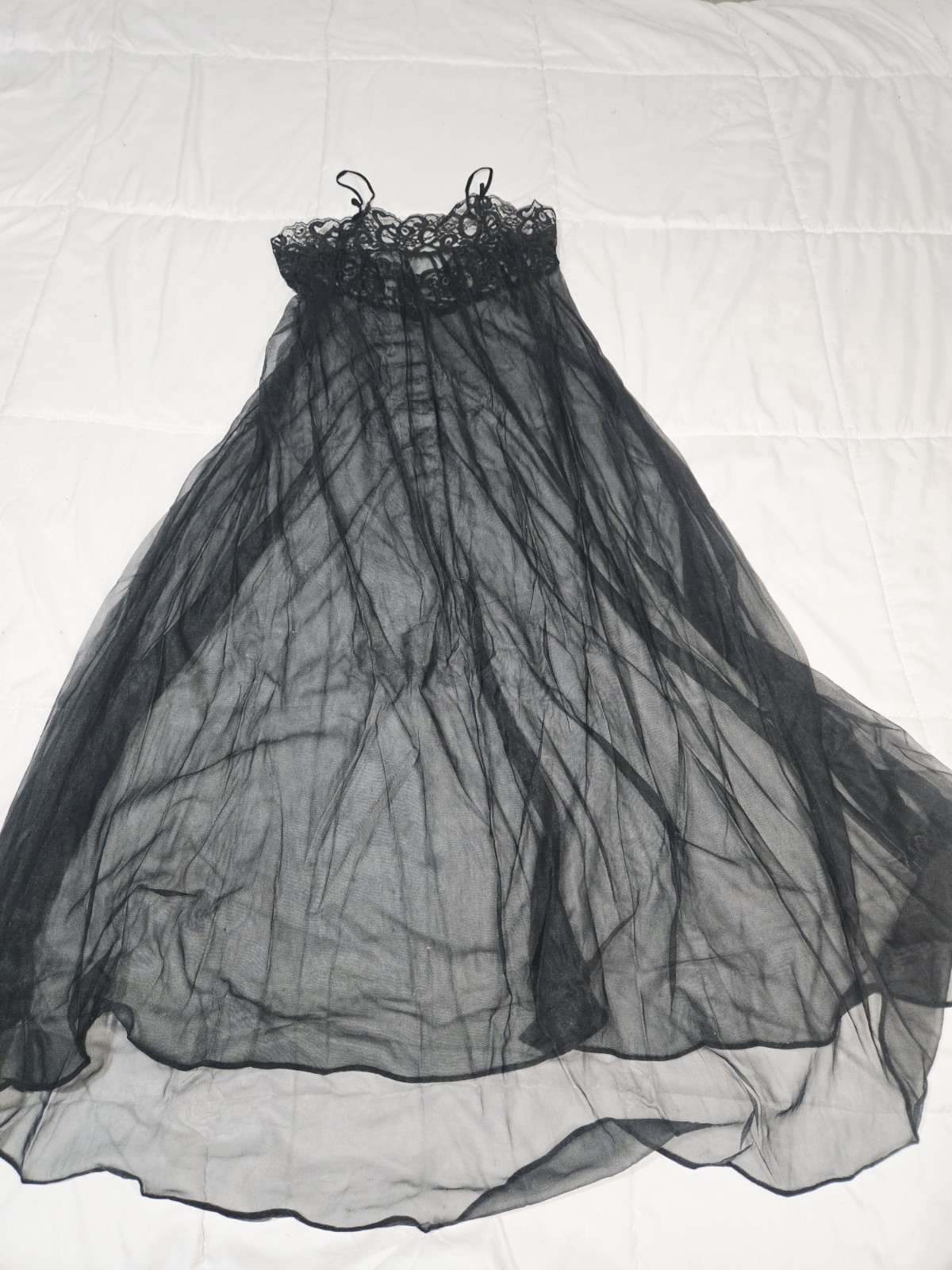 Vtg 70’S Gown Negligee L Black Sheer Slip Goth Maxi Slip Lingerie Coquette Lace